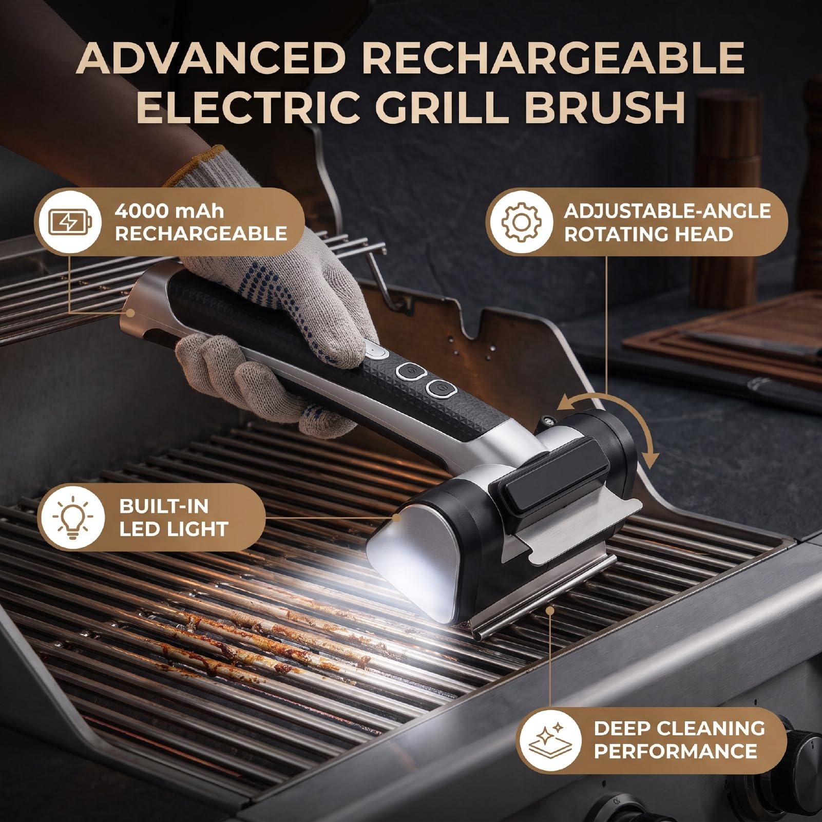 Cepillo Eléctrico para Parrilla, Limpiador Inalámbrico para | Estropajo de Alambre de Acero Inoxidable, Batería 4000 MAh, Plegable