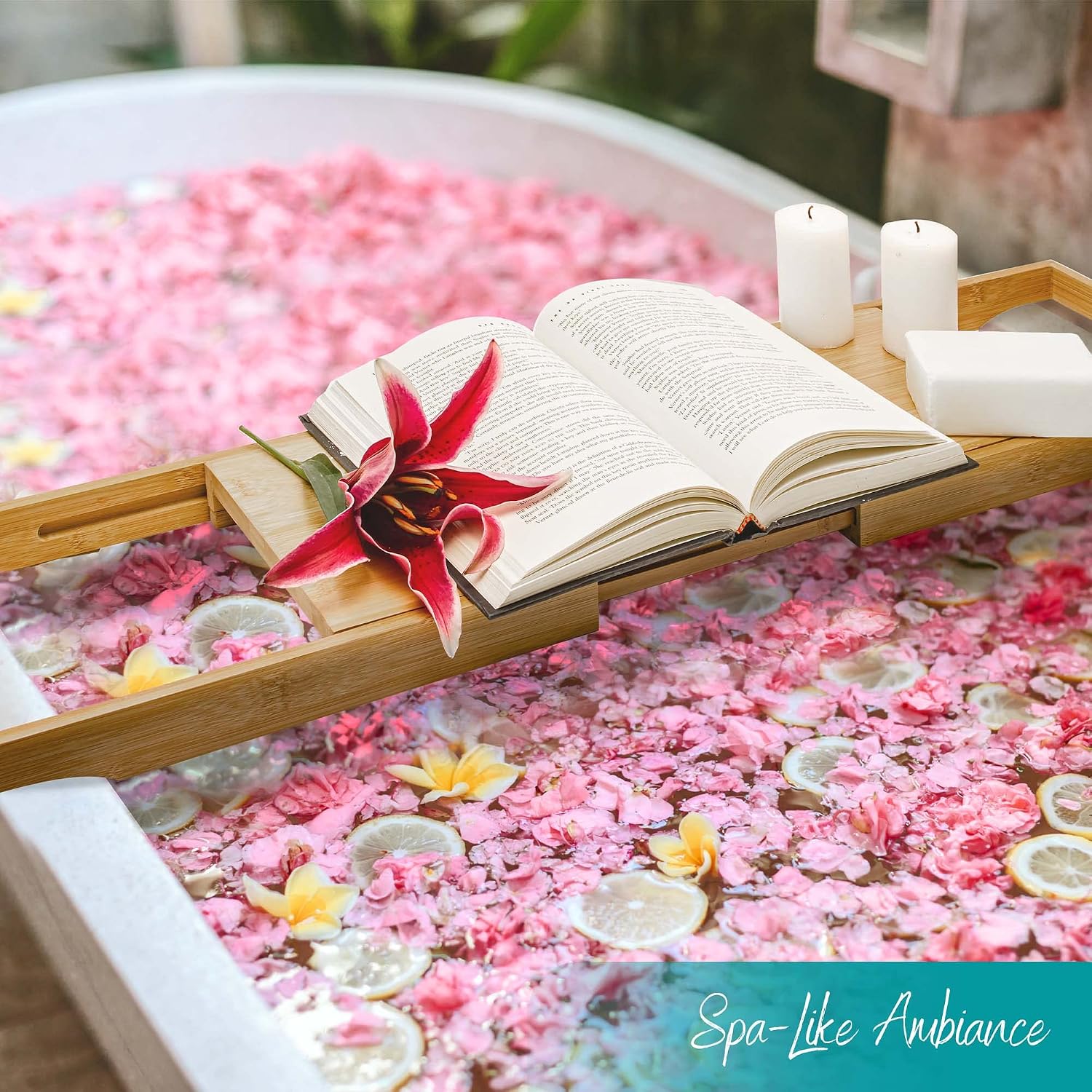Zinkoo Bamboo Bathtub & Spa Caddy Portable Adjustable 40 inch Organizer Storage Serving Tray Waterproof Foldable Metal Book Tablet Wine Glass Candle Holder TCB20128 image 2