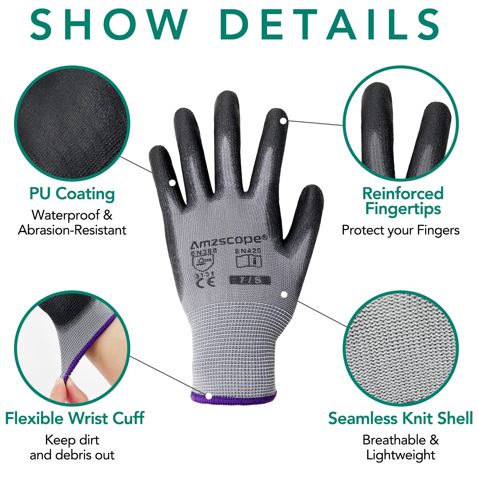 Guantes de trabajo, paquete de 12 pares, para hombres y mujeres, con agarre de revestimiento de poliuretano, guantes de jardinería ligeros, guantes mecánicos delgados, guantes de trabajo de
