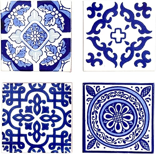 Mixed Set of 4 Blue and White Mexican Tile Coasters