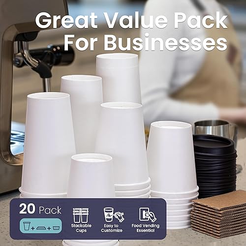 Miniatura 2 de Fit Meal Prep Paquete de 20 tazas de café desechables de 12 onzas con tapas y fundas de papel kraft, tazas de café prémium con tapas, tazas de café