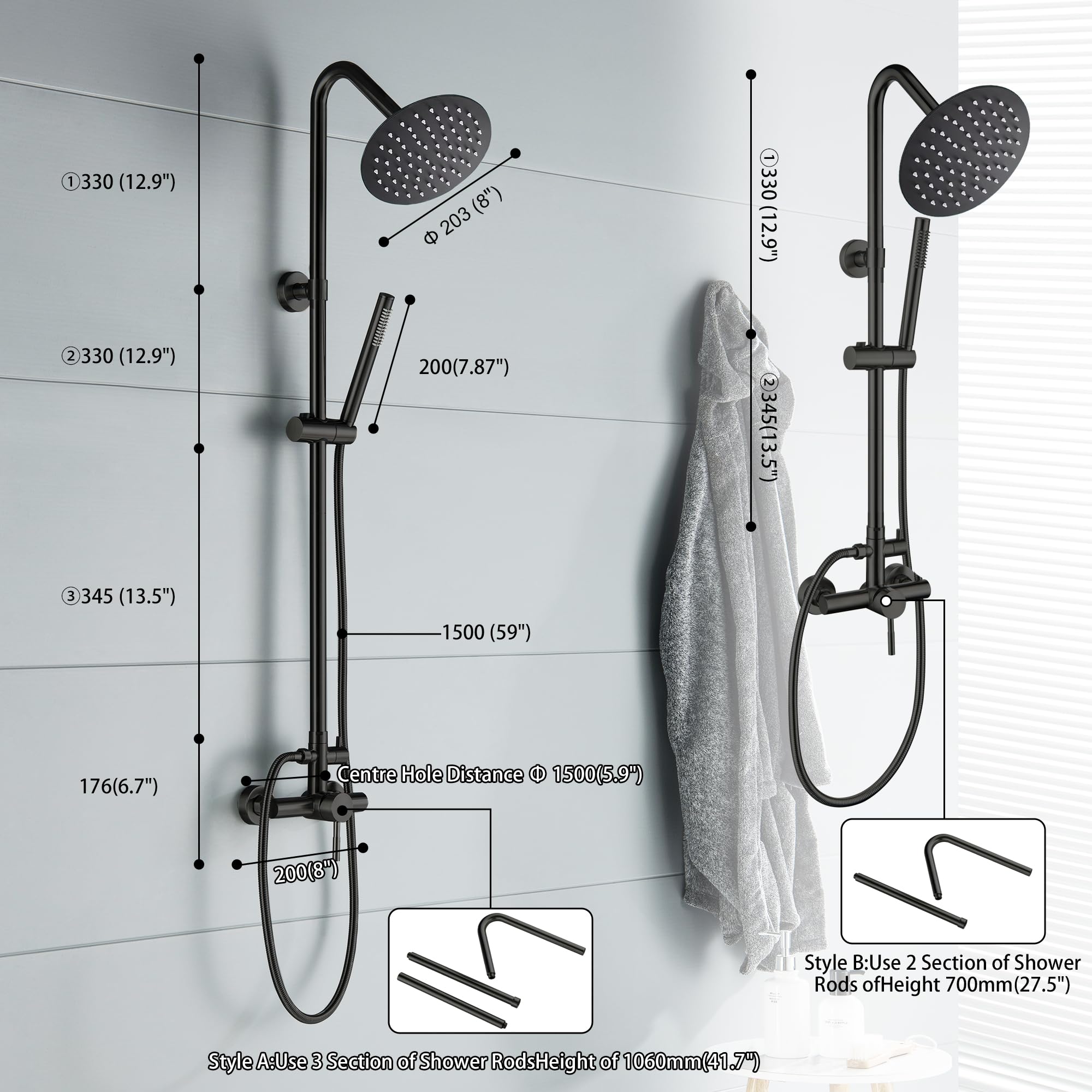Columna Ducha Negra, Monomando Columna de Ducha con Grifo Altura Regulable 85 o en 118 cm Alcachofa de Ducha con Manguera, Ducha Lluvia, Regulable en acero inoxidable Negro Mate