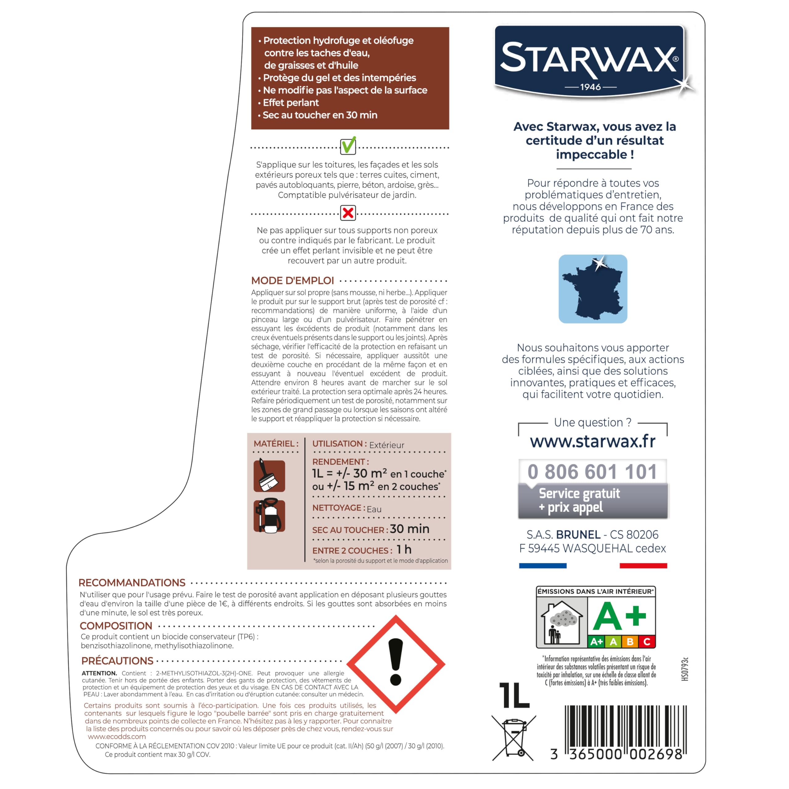 STARWAX Imperméabilisant Toitures Murs Sols Protection Hydrofuge Oléofuge Effet Déperlant Non Glissant Fabriqué France 1L