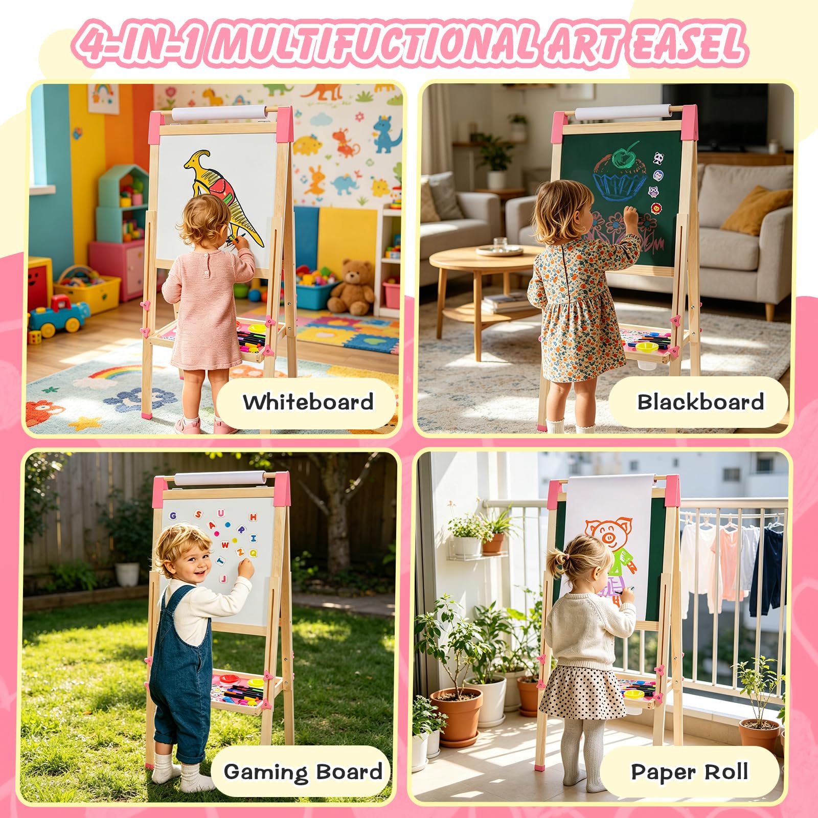 Pizarra Infantil 3 en 1 Doble Cara con Caballete de Madera Altura Ajustable, Pizarra Blanca y Negra con Rollo de Papel Dibujo y Accesorios Multicolor para Niños (rosa)