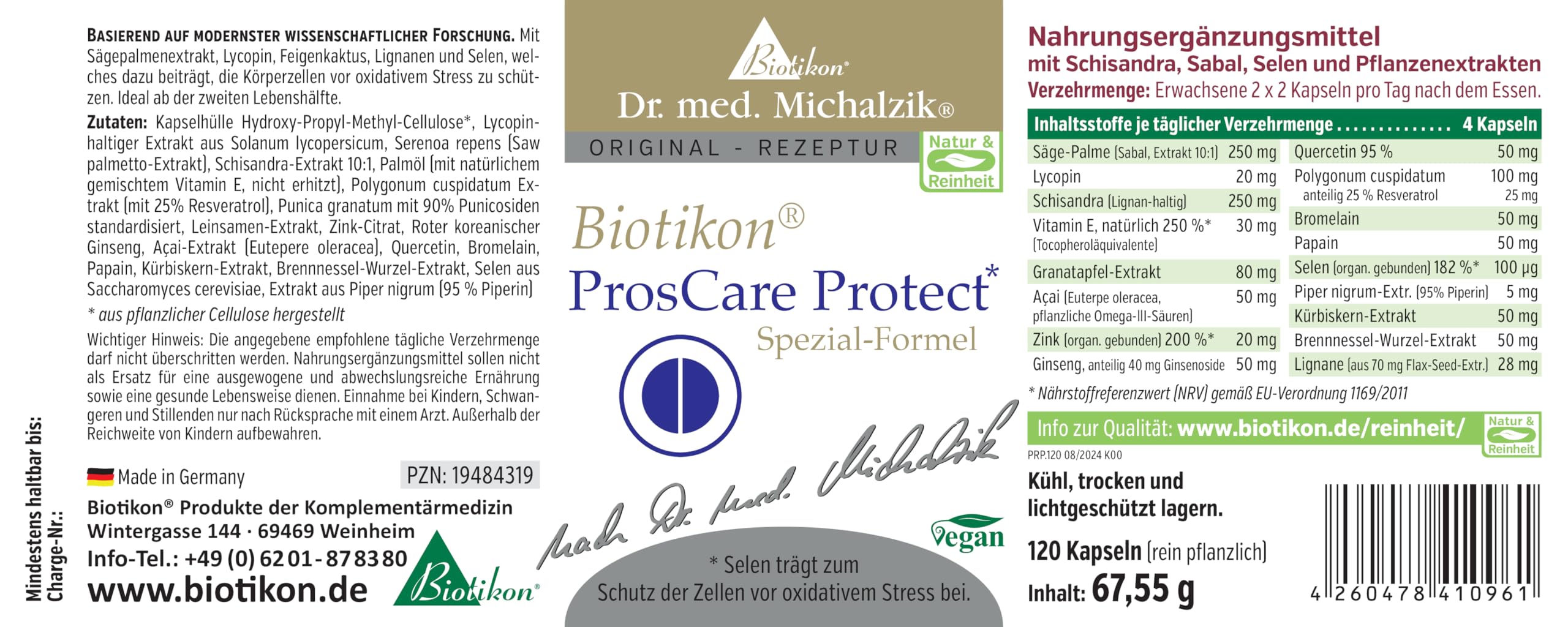 ProsCare Protect Dr. med. Michalzik - Hochwertige Rezeptur, wichtige Vitalstoffe in hoher Konzentration, Sägepalmenextrakt 10:1, Kürbiskernextrakt 50mg - ohne Zusatzstoffe - von BIOTIKON®