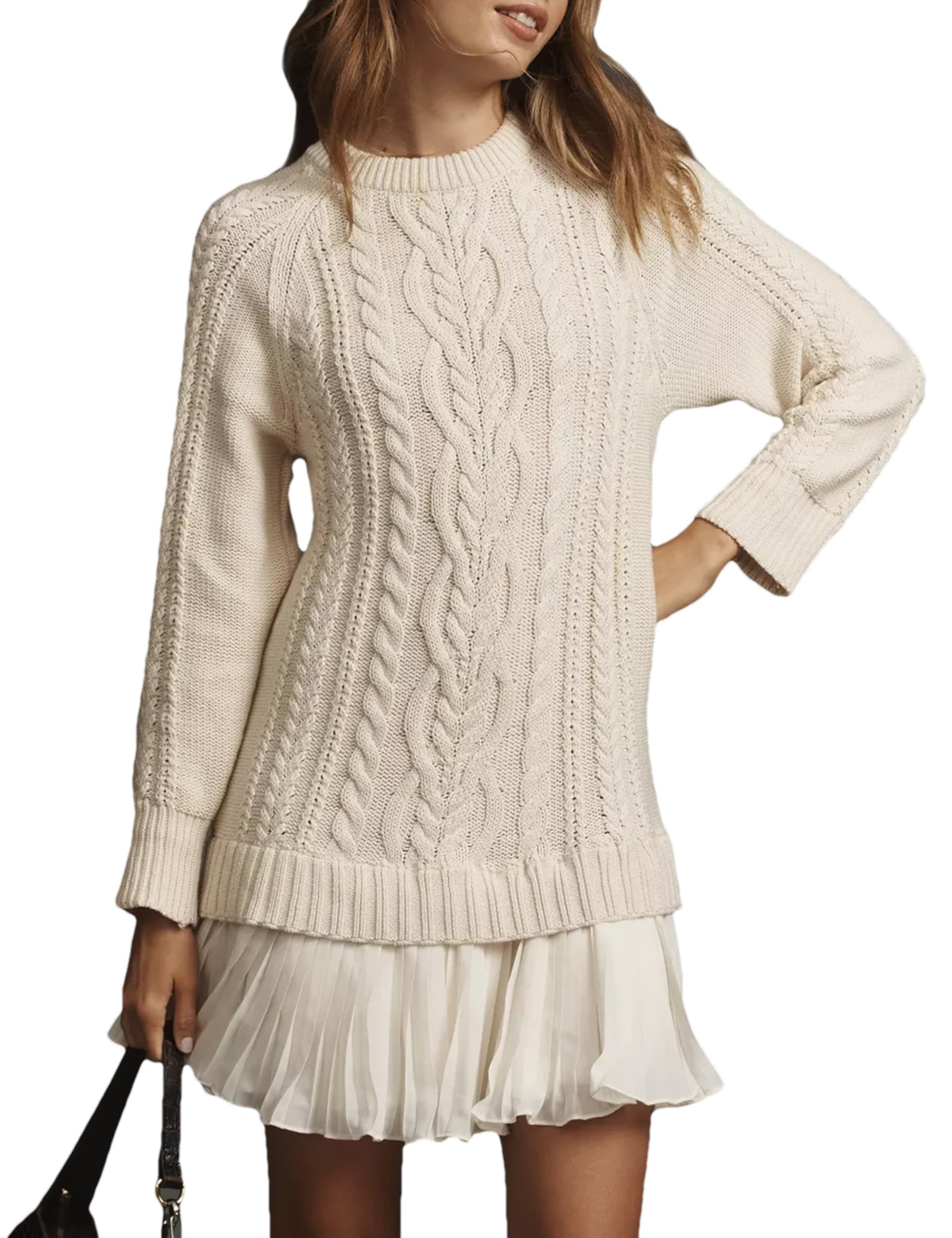 Womens Sweater Dress Twofer Cable Knit Long Sleeve Crew Neck Knitted Pullover Patchwork Pleated Mini Dress