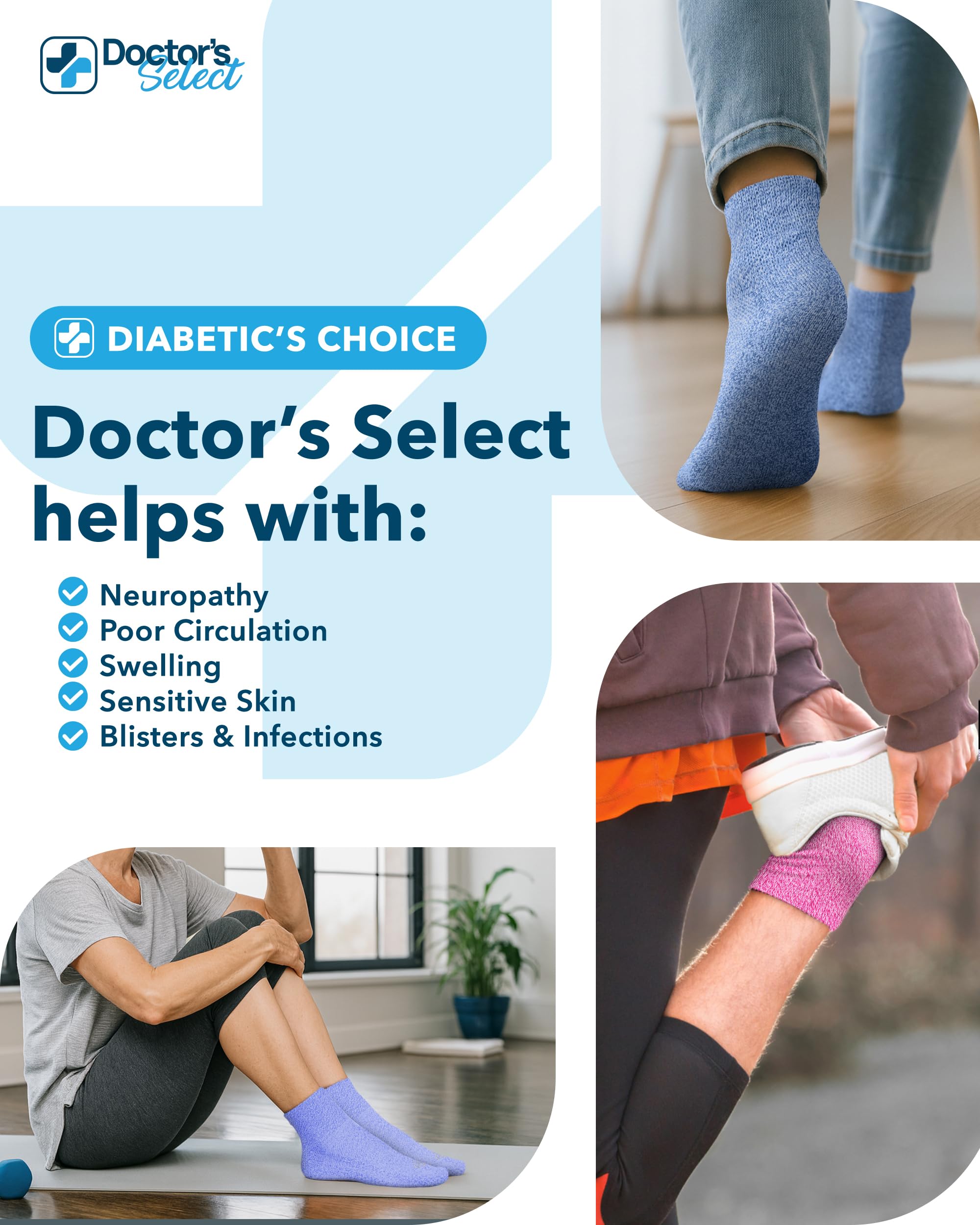 Doctor's Select Calcetines tobilleros para diabéticos para mujeres y hombres, 4 pares, calcetines unisex para adultos, Lila/rosa/azul claro/morado - 4 pares, Medium