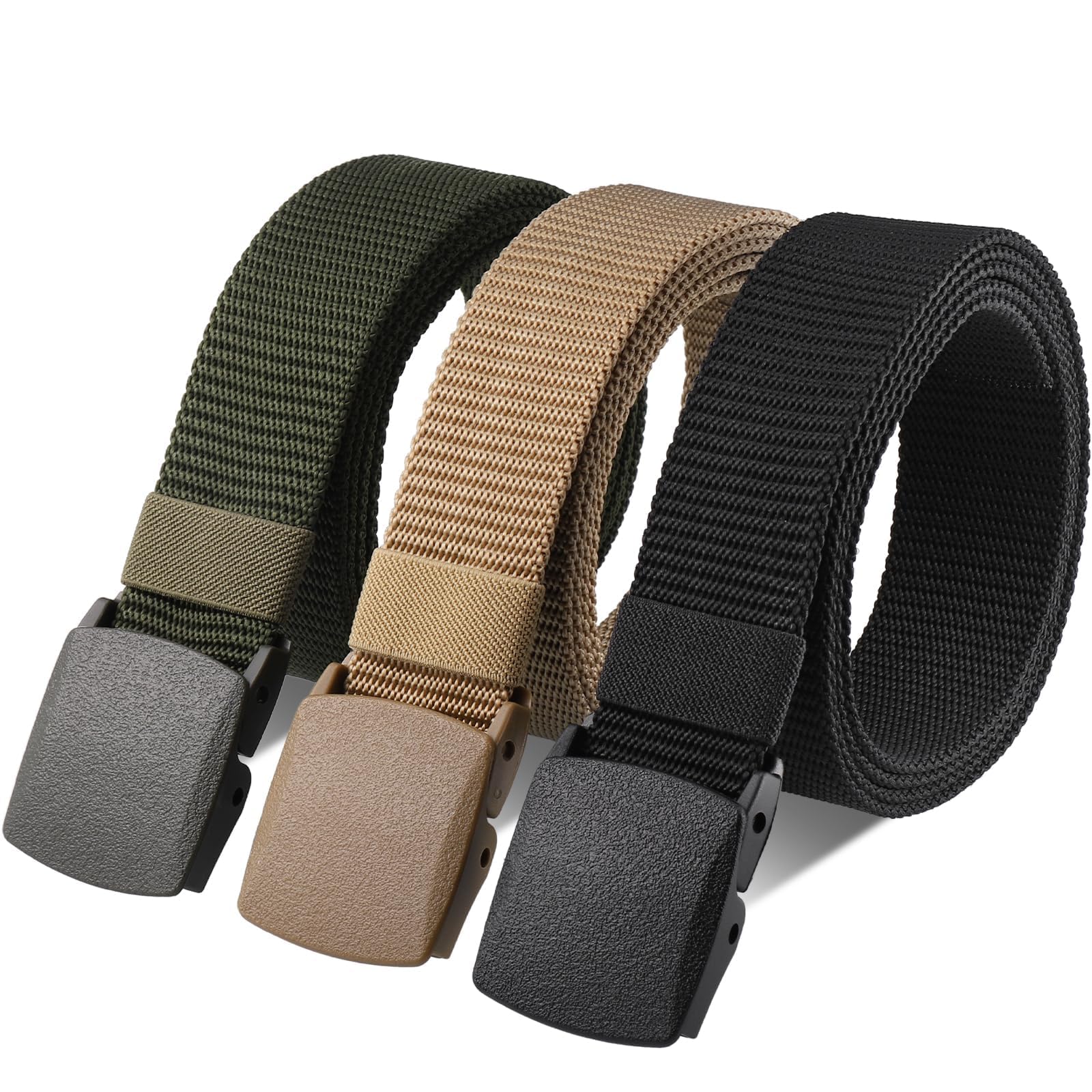3Pcs Nylon Canvas Belt, 150cm Adjustable Work Belts for Men, Lightweight Nylon Fabric Belt with Plastic Buckle, Metal-Free for Easy Airport Security, Tactical Work Belt for Outdoors
