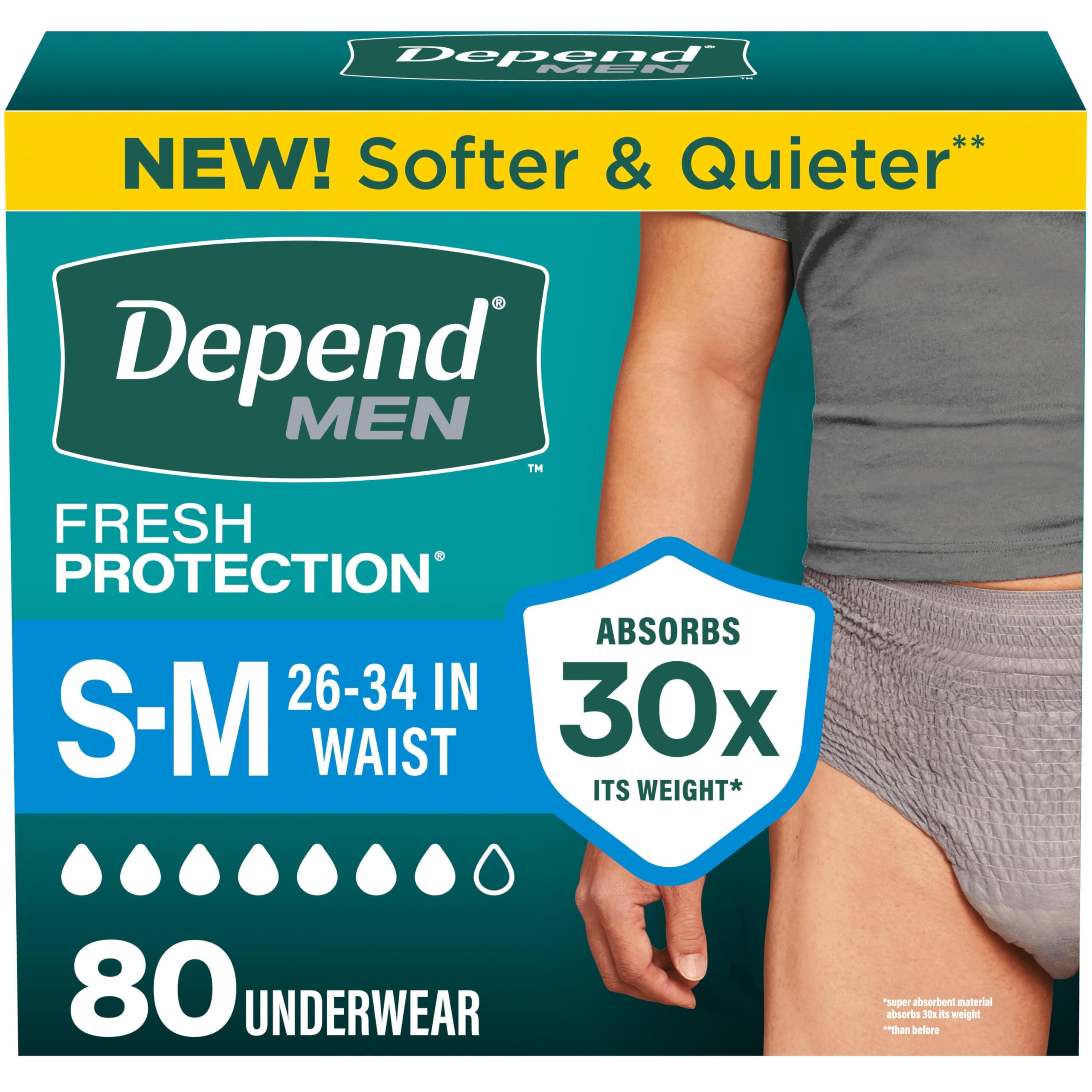 Photo 1 of Depend Fresh Protection Adult Diapers, Incontinence Underwear for Men, Disposable, Maximum, Small/Medium, Grey, 80 Count (2 Packs of 40), Packaging May Vary
