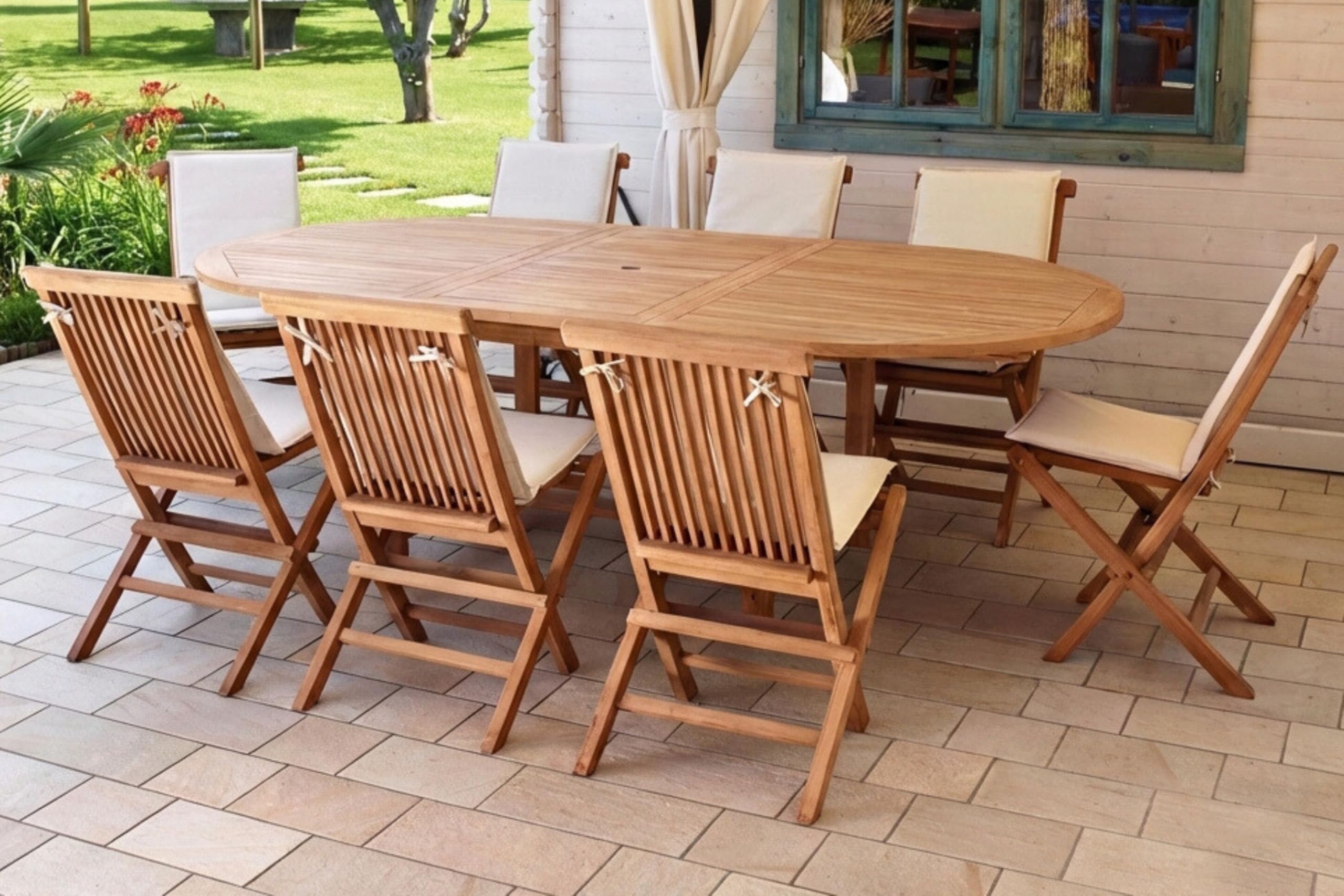 Gruppo Maruccia - Set Tavolo da Giardino 8 Posti in Legno Teak Allungabile con Sedie, Tavolo Pranzo Esterno per Terrazzo e Giardino