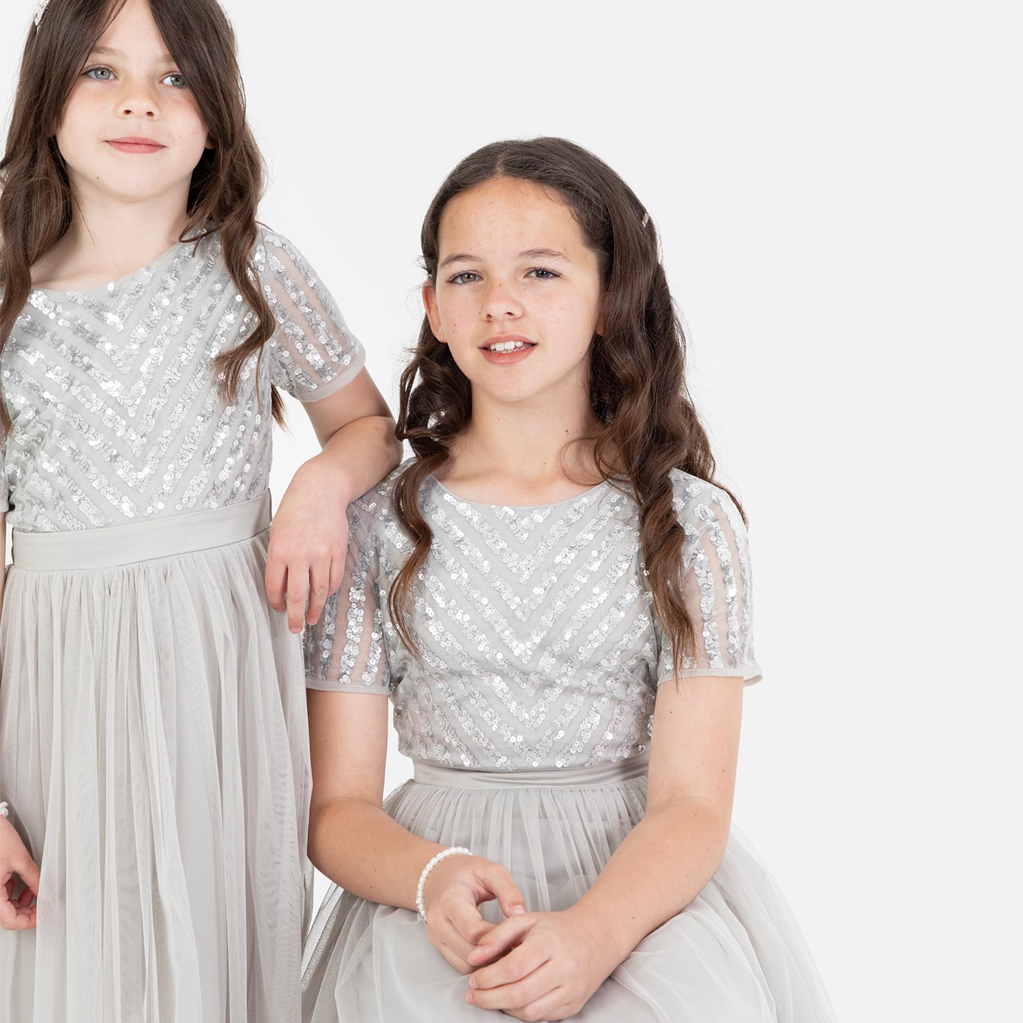 Maya Deluxe Dziewczęca sukienka midi na ślub z cekinami, krótki rękaw, studniówka, przyjęcie urodzinowe, dla druhny, miękki szary, 7-8 lat, Delikatny szary, 7-8 lat