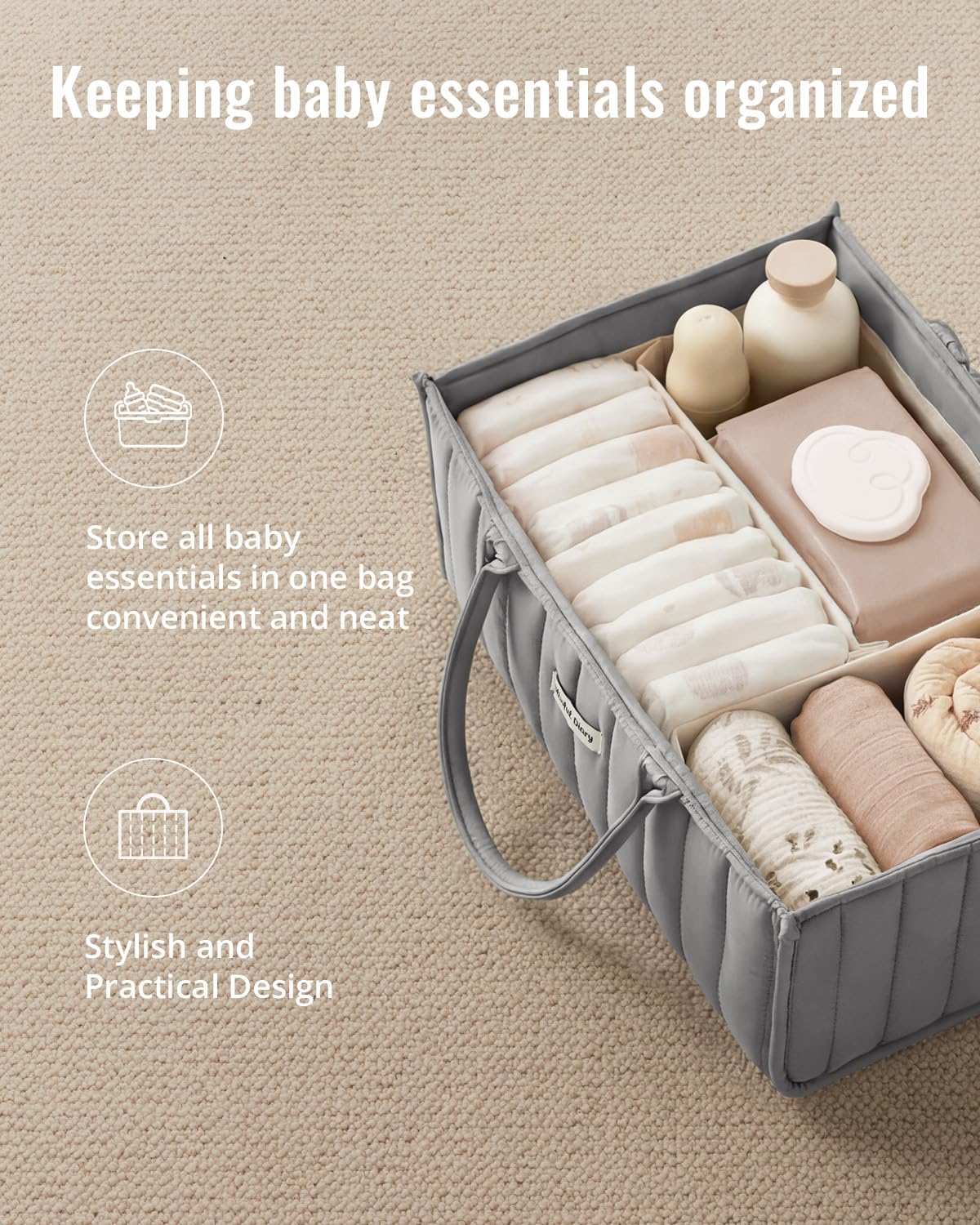 Blissful Diary Cestino per pannolini, per baby shower, per neonati o ragazze, organizer per pannolini, registro dei regali per neonati e neonati indispensabili, grigio chiaro