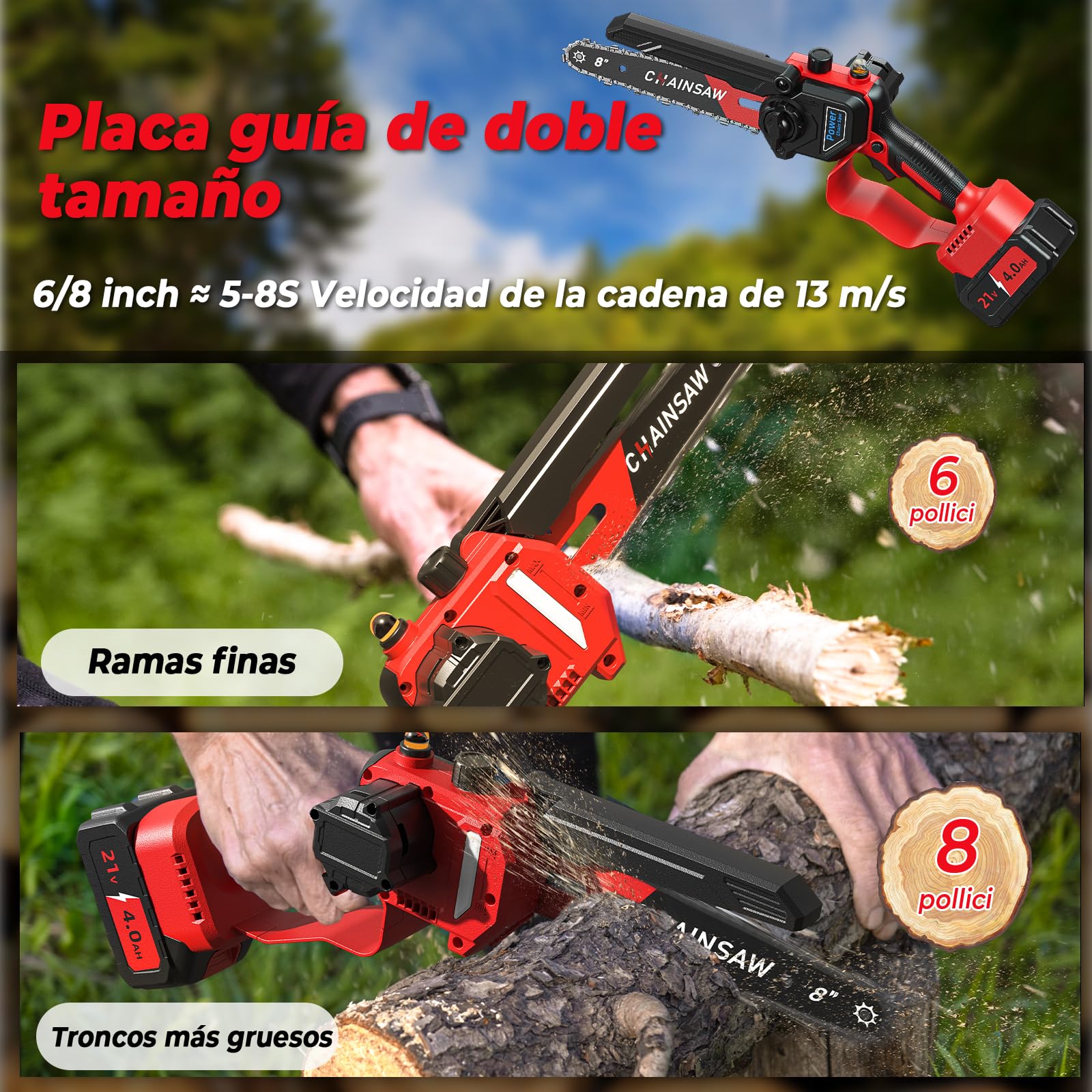 Mini Motosierra Bateria 6 y 8 Pulgadas, 8000mAh Motosierra Eléctrica, 1300W Motor Sin Escobillas Motosierras de Mano, Minimotosierras de Batería para Jardinería, Compatible con las Baterías de Makita