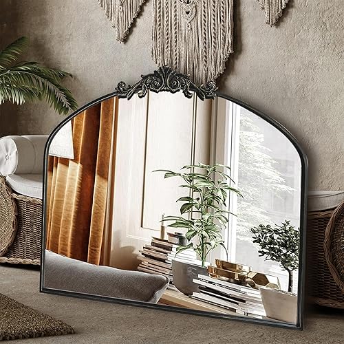 Miniatura 2 de Espejo arqueado negro para pared, decoración de espejo de chimenea barroco, espejo de pared de latón, espejo adornado para entrada, baño, sala de