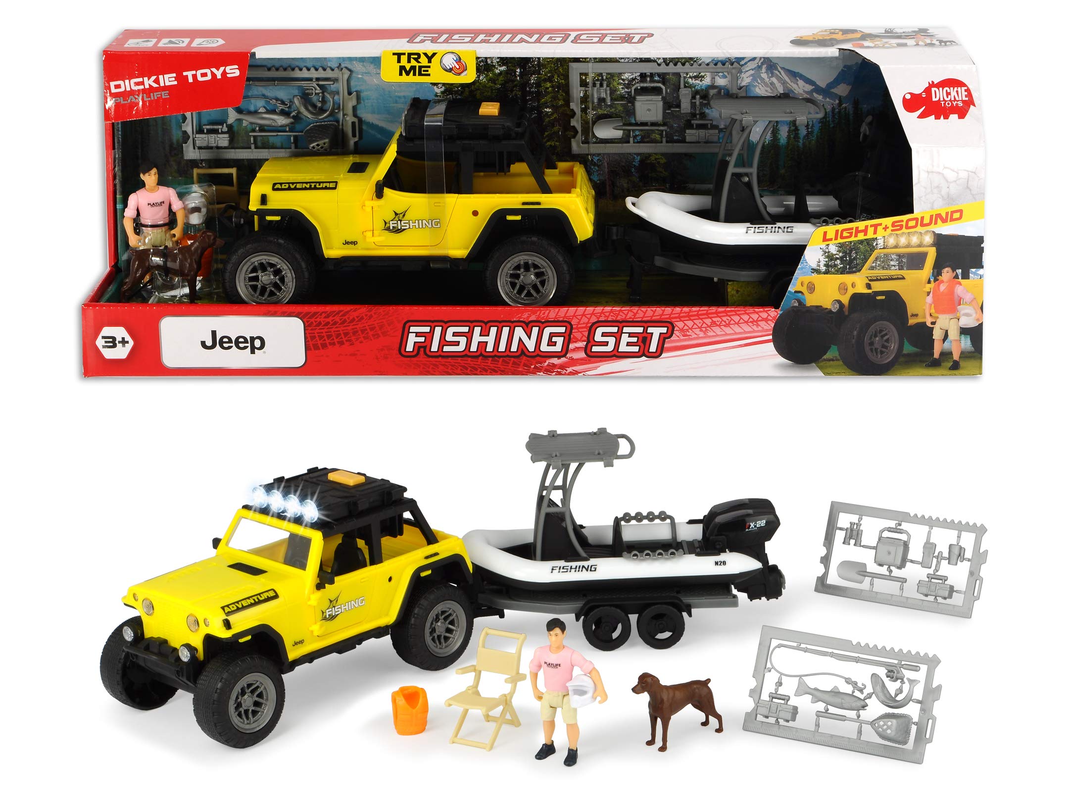 Dickie Playlife Set Pesca con Jeepster Commando con rimorchio, Barca, Personaggio articolato, luci Suoni e Accessori