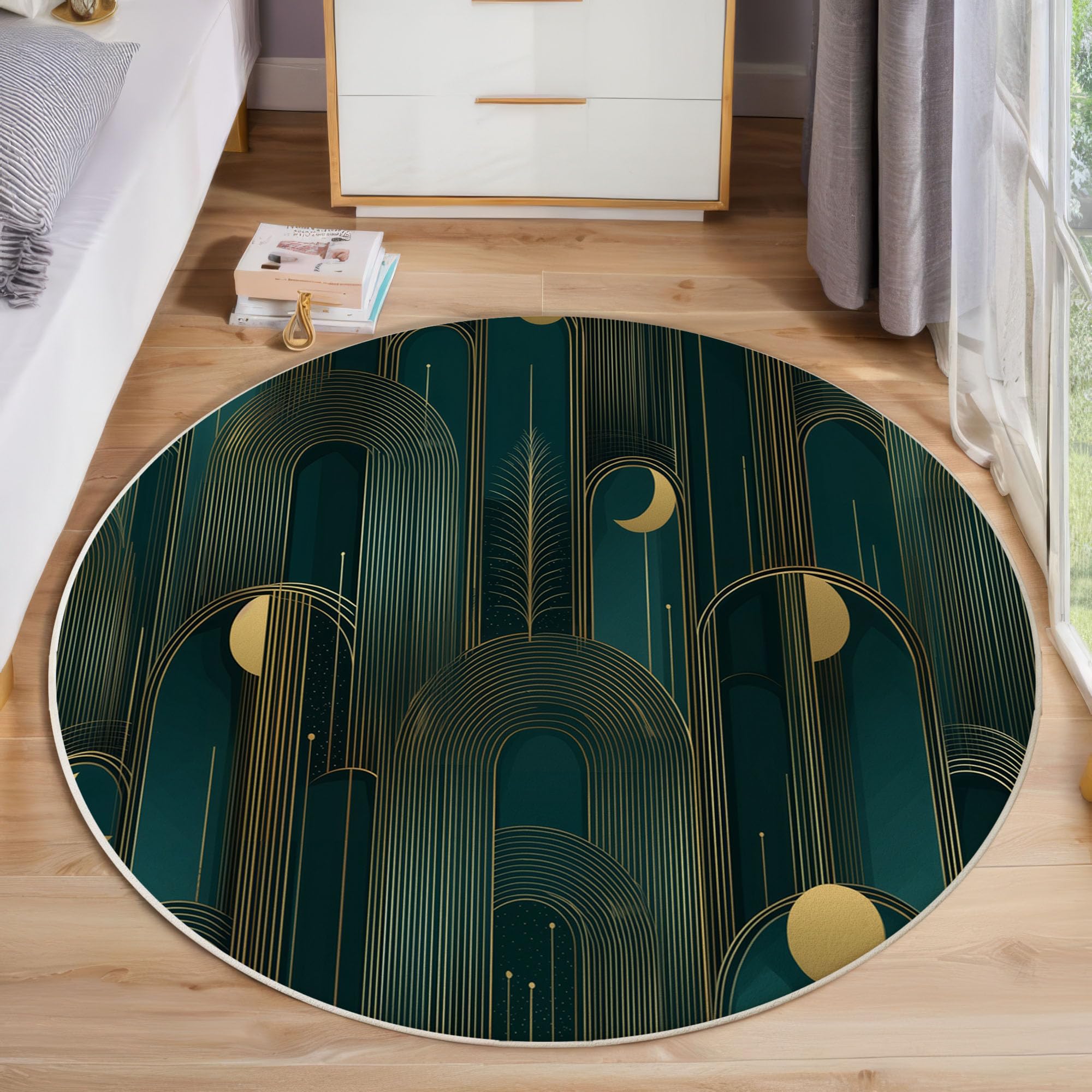Tapis Rond Antidérapant 180cm, Doux Moelleux Lune Lignes Dorées Imprimé Style Art Déco Lavable Poil Bas Cyan Foncé Tapis de décoration, pour Décoration Salle à Manger Chambre Canapé