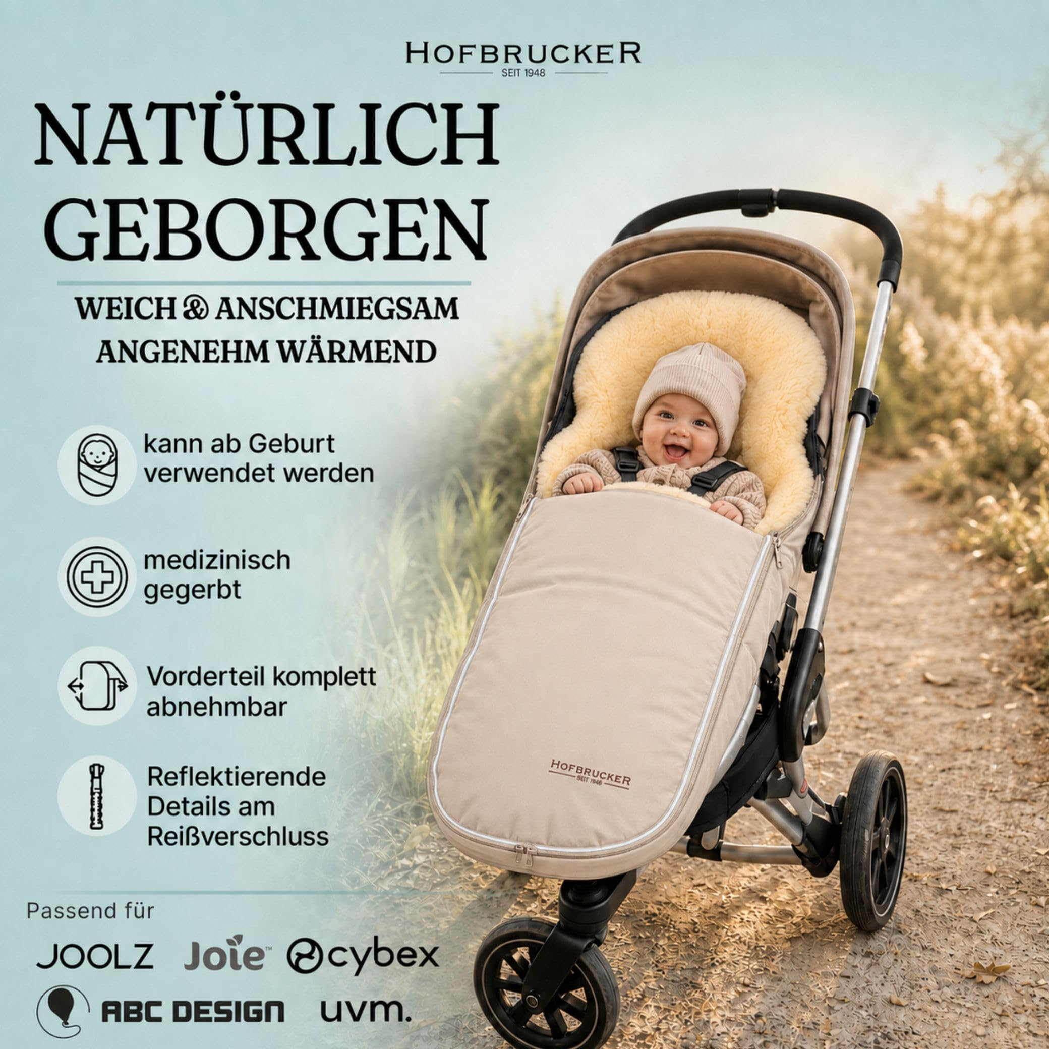 Hofbrucker Kinderwagen Fußsack Polaris – Warm & kuschelig, ideal für Babys & Kleinkinder, hochwertiges Lammfell, passend für Joolz, Cybex & Bugaboo Sportsitz, atmungsaktiv und Wind & Wasser abweisend