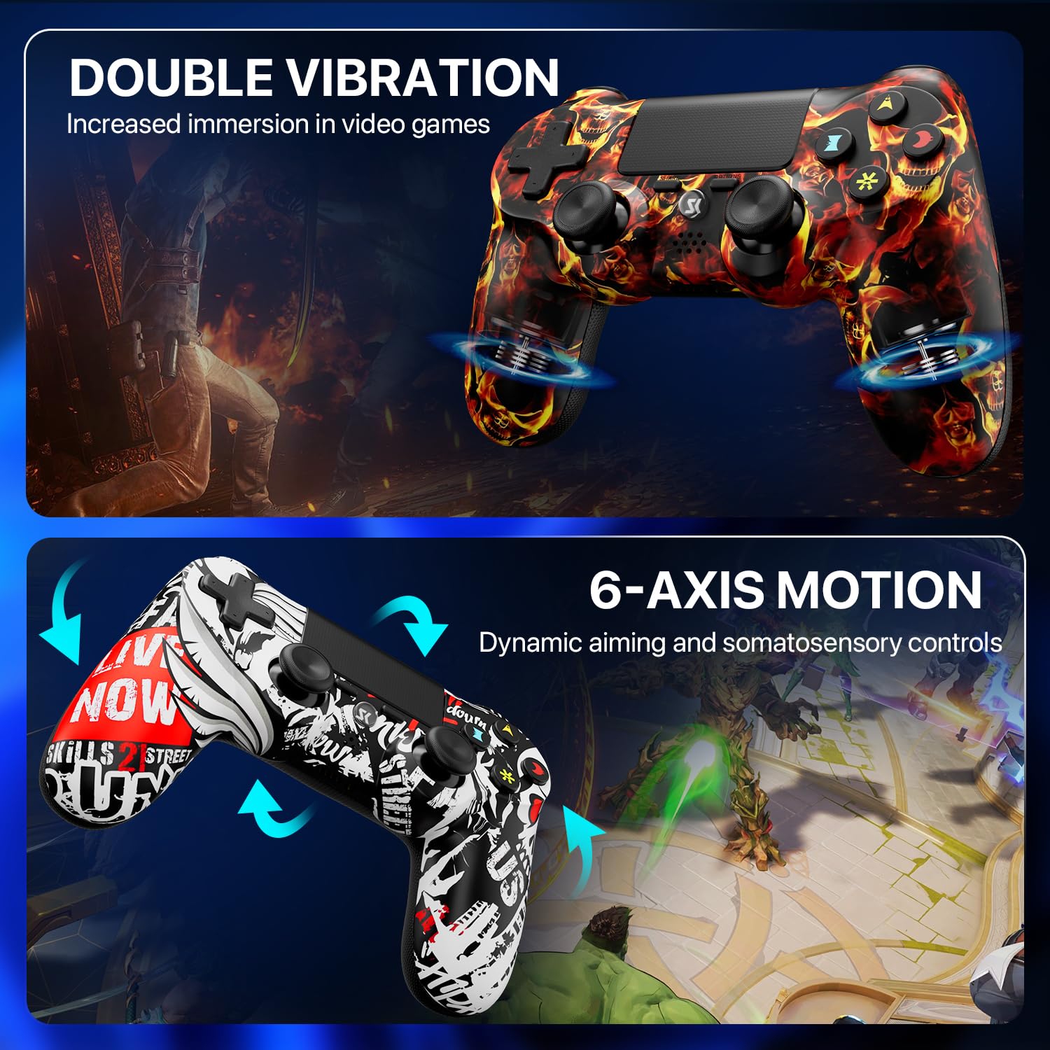 ISHAKO Lot de 2 Manettes Sans Fil pour PS4/Pro/Slim, Manette de Jeu à Motif Crâne Flammes Graffiti avec Haut-Parleur Intégré, Prise Jack 3,5mm, Capteur de Mouvement 6 Axes, Double Vibration