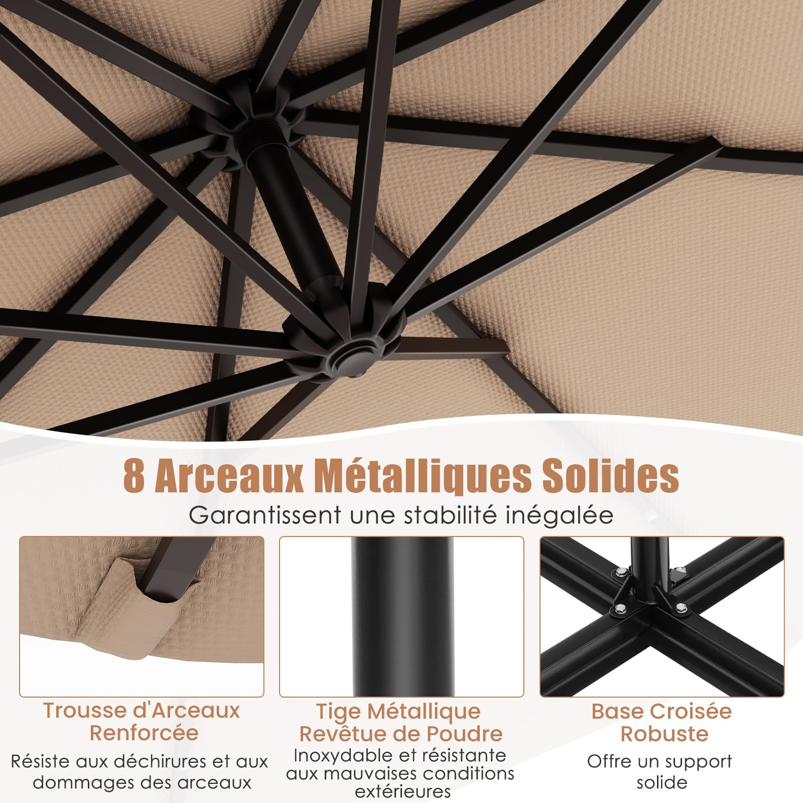 GOPLUS Parasol Déporté 3x3M, Grand Parasol de Jardin Extérieur avec 32 LED Solaires, 8 Baleines, Protection Solaire, Toile Inclinable, Rotatif à 360° pour Balon Patio Terrasse