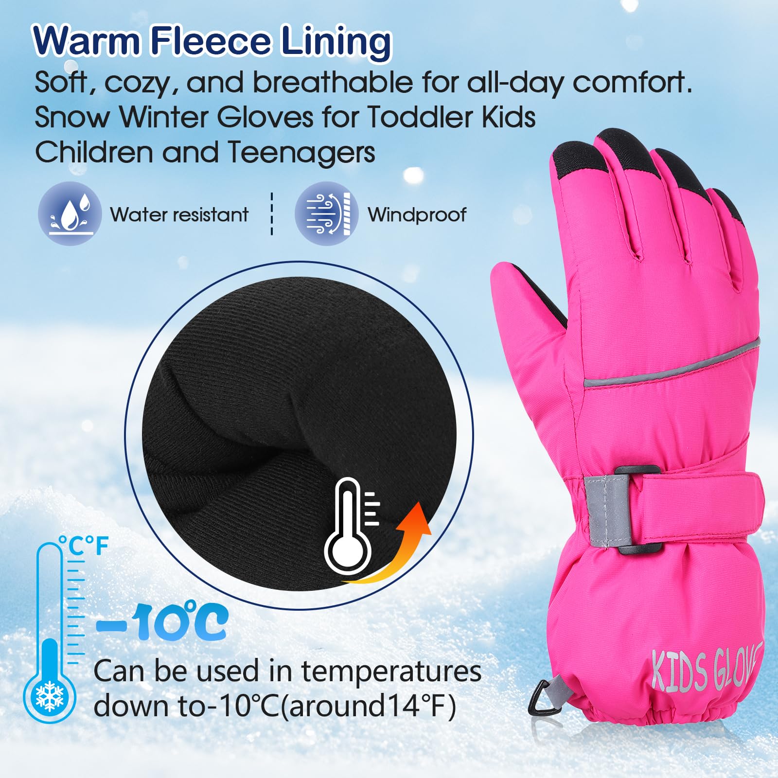 Guanti da sci invernali per bambini, impermeabili, per bambini, ragazze, guanti caldi, guanti da neve per bambini, rosso rosa, piccoli (4-6 anni)