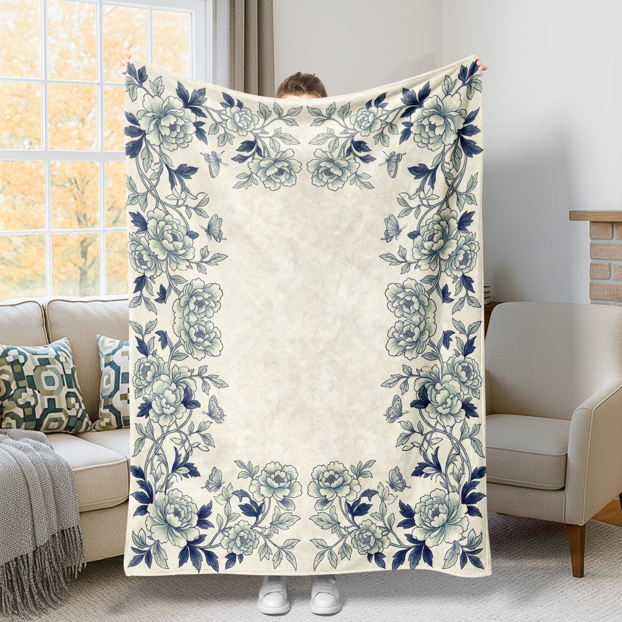 Jeté de lit en fourrure bleu marine motif pivoine et papillon pour canapé élégant
