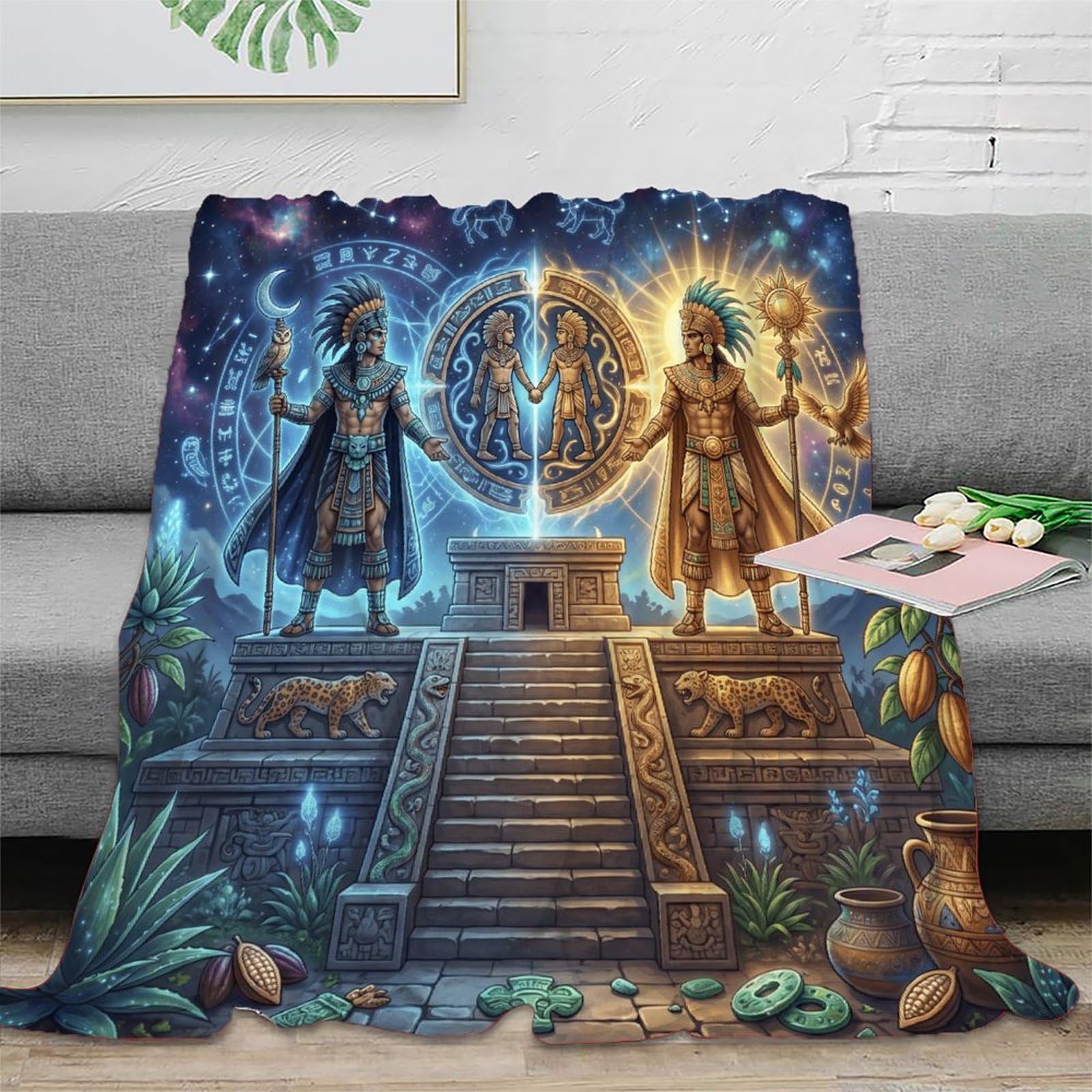 W7C8U2X3 Gemini Zodiac Aztec Art for Flannel Throw Blanket, Office Nap Use