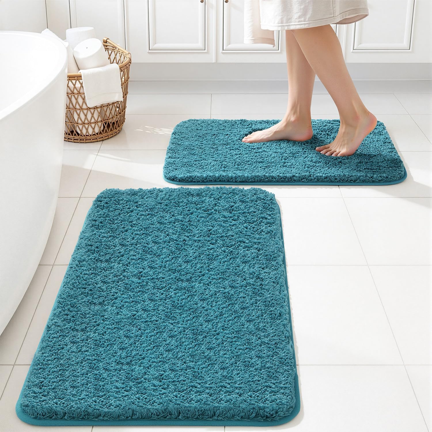 Teal Bathroom Rugs Set 2 Piece, Soft Absorbent Microfiber Bath Mat Set, Non Slip Quick Dry Machine Washable Plush Shaggy Bath Rugs for Bathroom Floor, Tub and Shower, 16x24 inches
