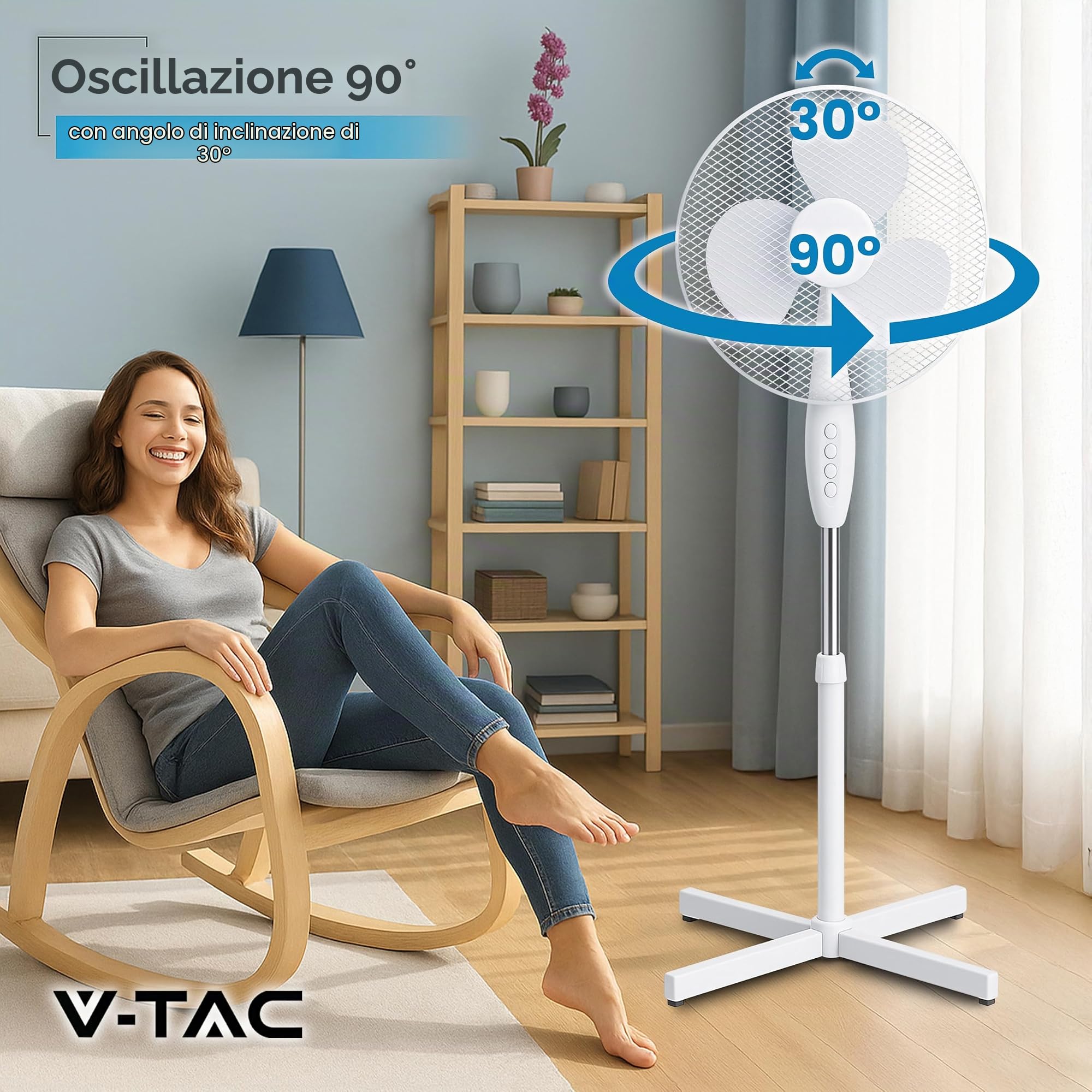 V-TAC Ventilatore a Piantana 40W - Potente Flusso d'Aria - Design Elegante - 3 Velocità - Altezza Regolabile (Max 120cm) - 3 Pale Rotanti - Oscillazione e Inclinazione Regolabili - Bianco