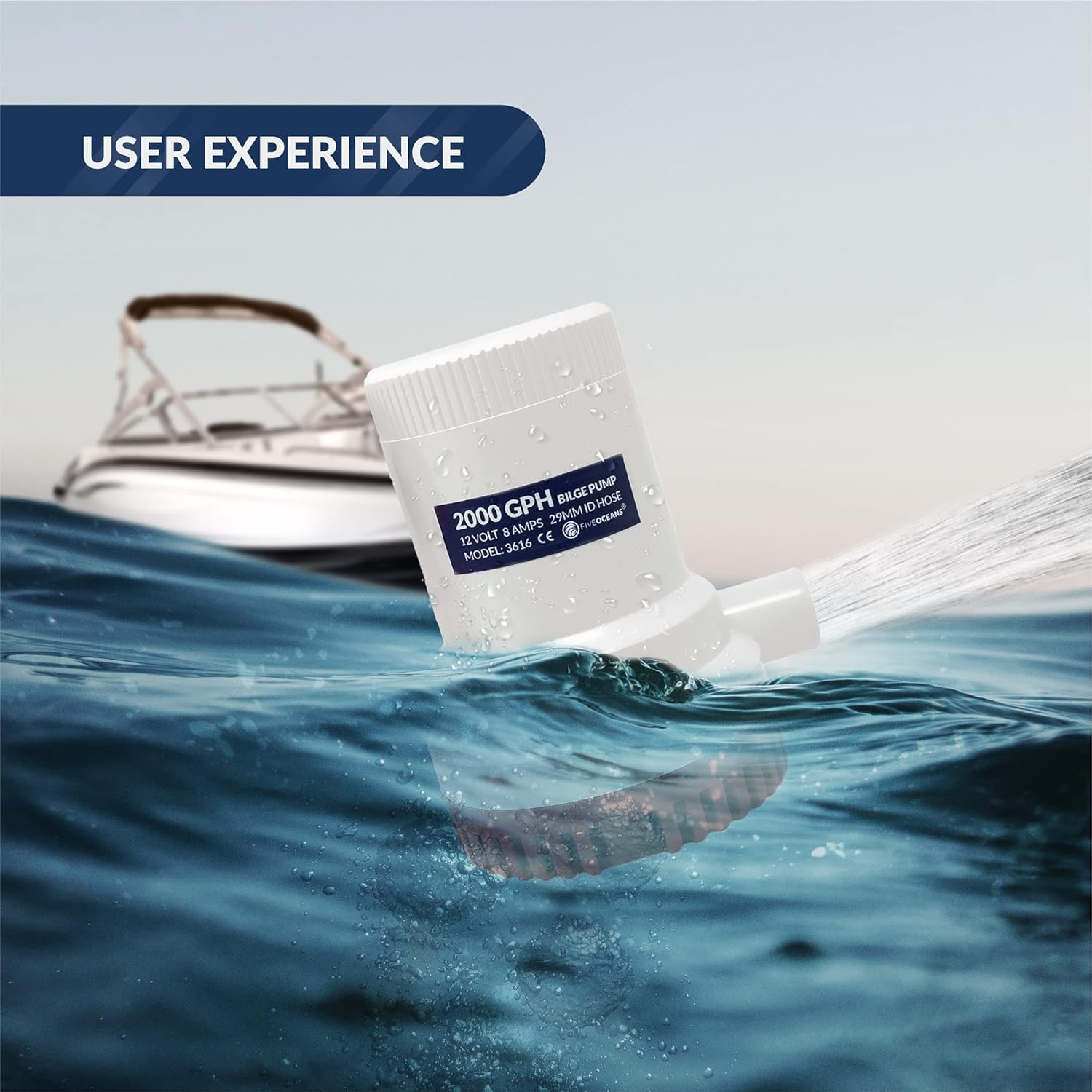 Featured Product Five Oceans Electric Bilge Pump 2000 GPH, 12 Volts, Quiet Operation, Sumersible, Stainless Steel Shaft, Snap-Lock Strainer Base, Ignition Protection, FO3616-1