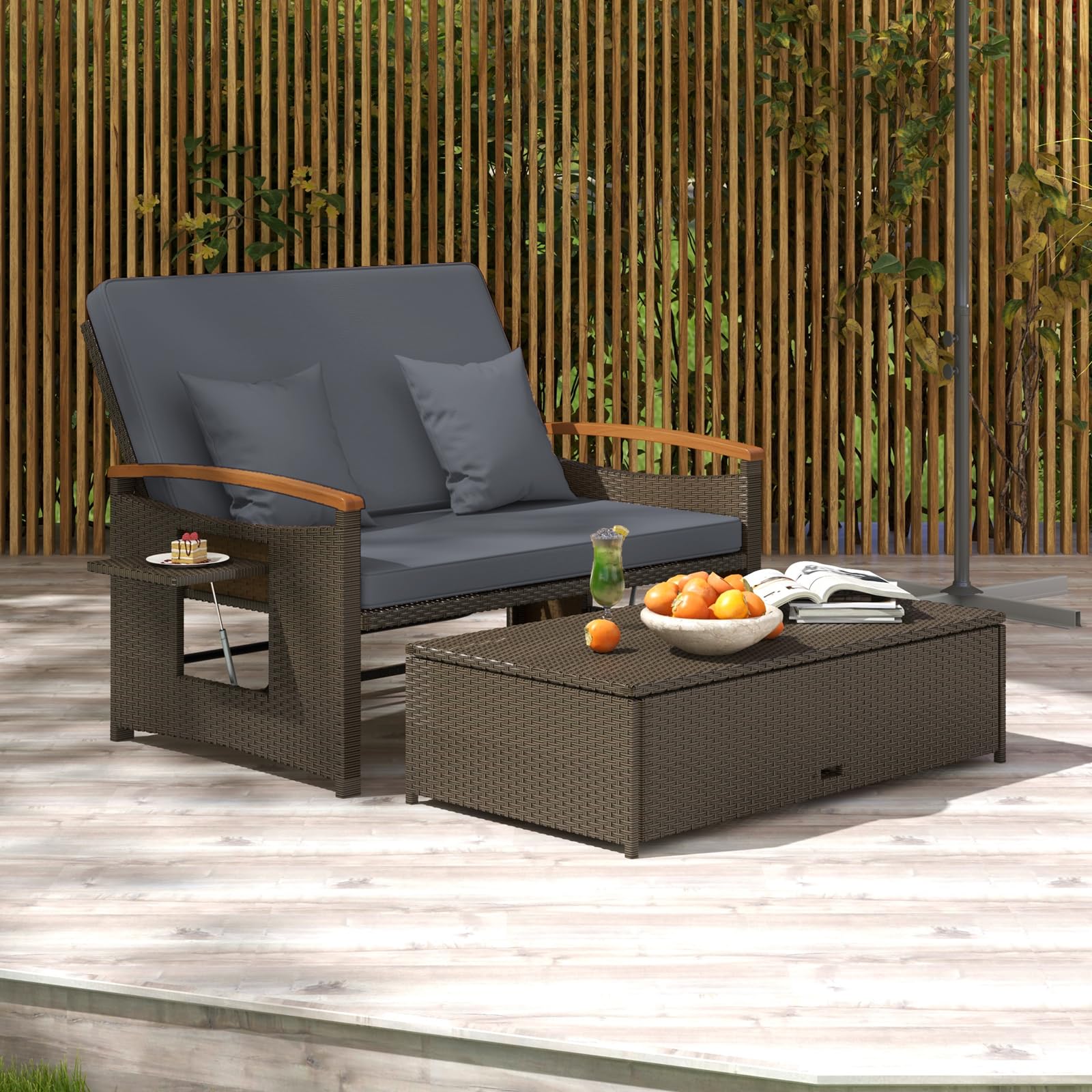 GIANTEX Divano da Giardino in Rattan a 2 Posti con Funzione Allungata, Set di Mobili in Rattan con Sgabello, Doppia Sedia a Sdraio per 2 Persone, 3 Colori (Cuscino Grigio)