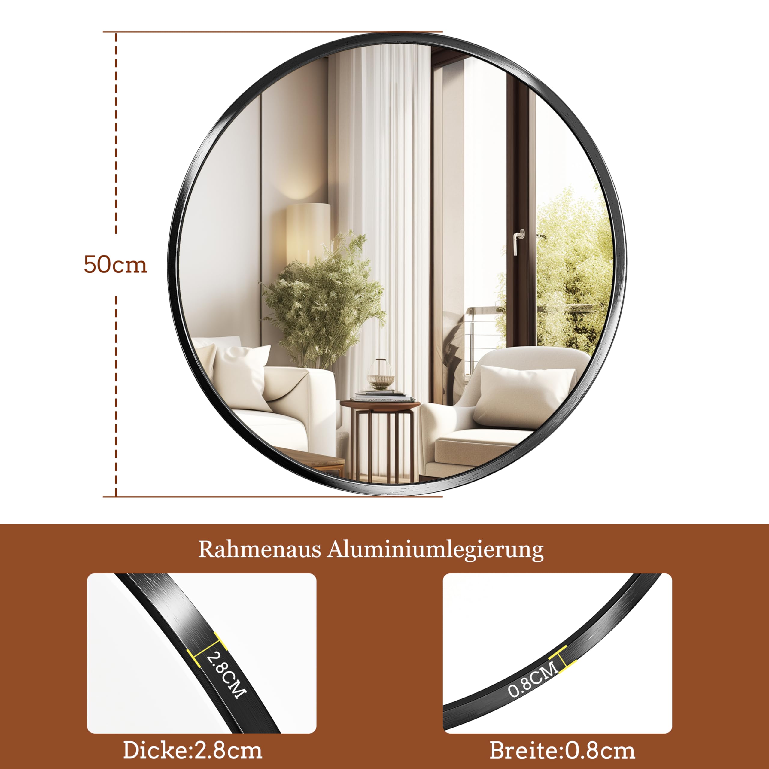Specchio Bagno,Nero Specchio Rotondo, Diametro 50 cm, Design Moderno, Con Cornice in Alluminio, Specchio Rotondo da Parete, per Bagno, Soggiorno, Camera da Letto, Corridoio