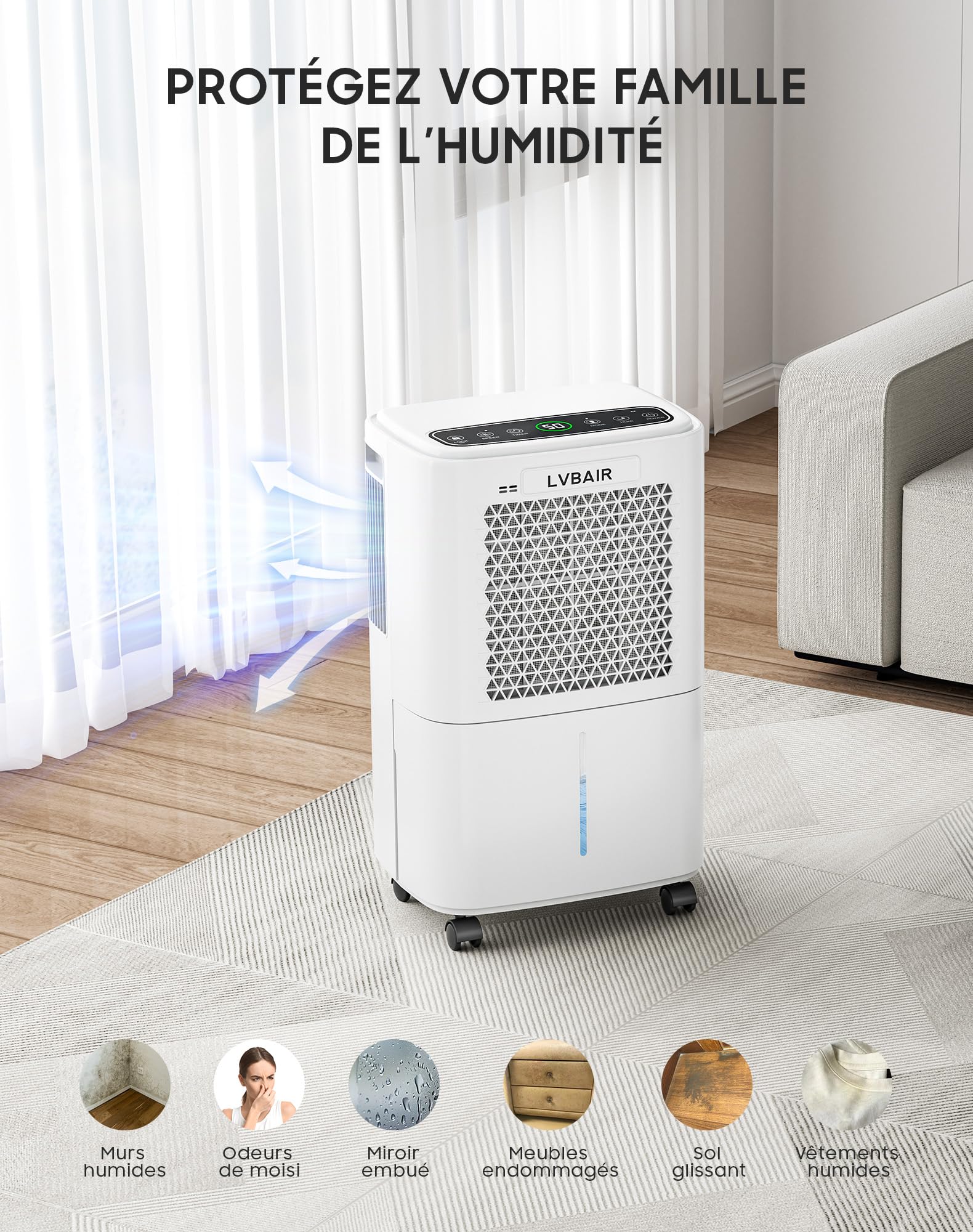 Deshumidificador eléctrico de 12 l/día, potente deshumidificador, ahorro de energía, portátil, 3 modos y control inteligente de humedad, deshumidificador eléctrico