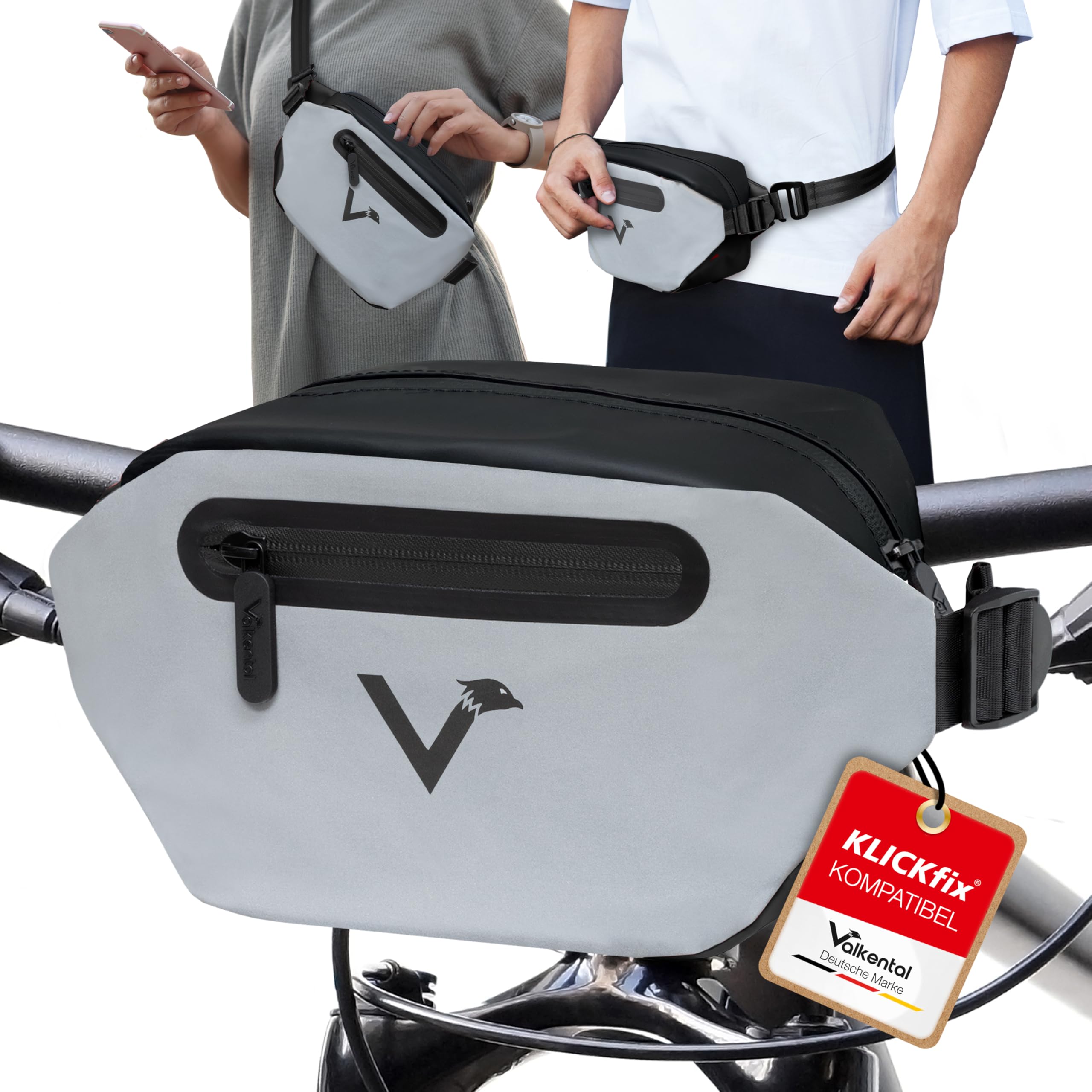 Valkental KLICKfix Fahrradtasche 3in1 - Voll reflektierend und wasserdicht - geeignet als Lenkertasche und Hüfttasche - 4L Volumen - KLICKfix Fahrradtasche