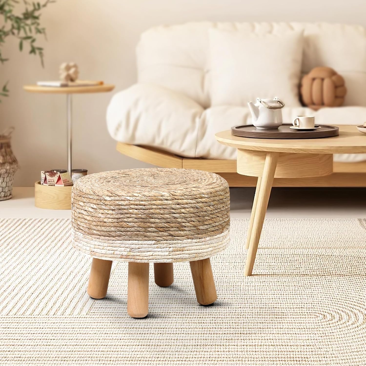 H&B Luxuries Ottoman, Natural Seagrass Footrest, Pouf Hand Weave Round Foot Stool for Couch, Desk, Soft Step Stool Padded Foot Rest with Pine Legs for Living Room, Bedroom