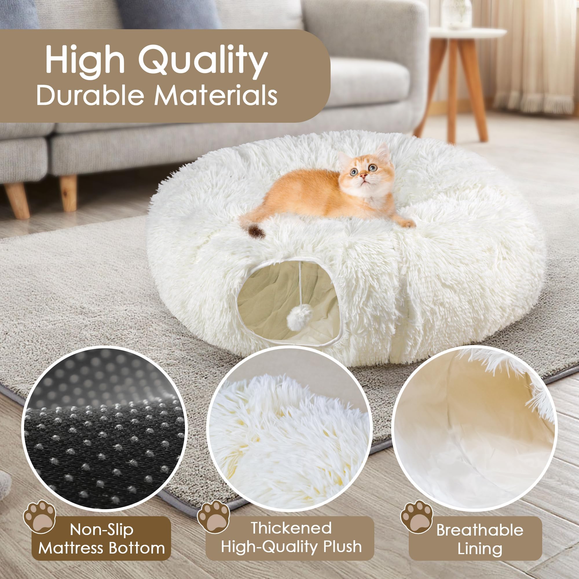 Catasaurus Peekaboo - Cama tipo túnel para gatos de interior, con alfombrilla de juego suave lavable, tubo peludo, para gatito/cachorro/conejo, beige-N