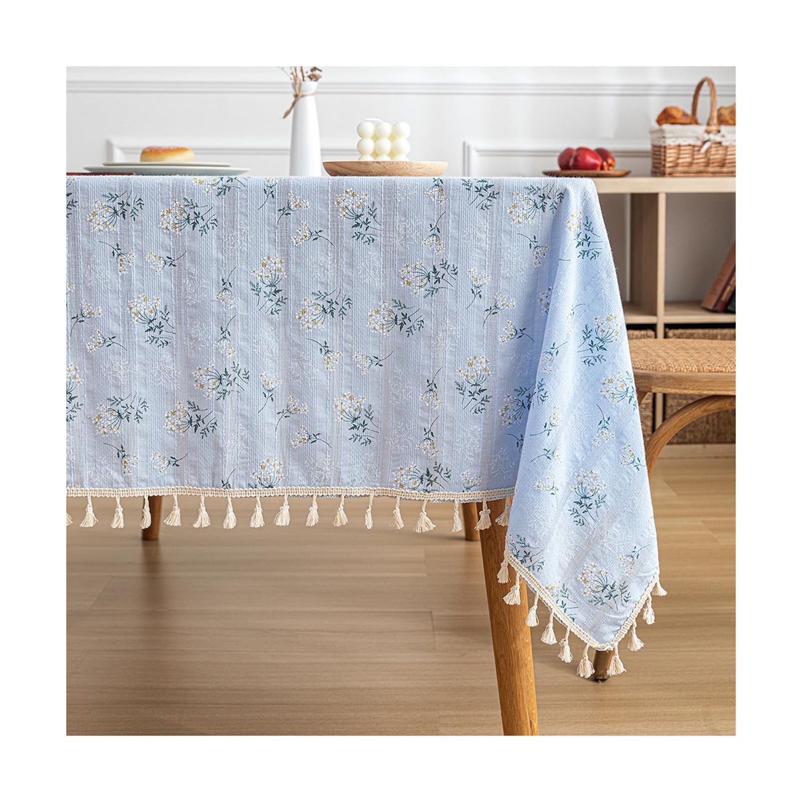 Abwaschbar Tischdecke mit Quaste 140x260cm, Eckig Baumwolle Leinen Tischtuch Tischwäsche Pflegeleicht Garten Zimmer Tischdekoration, für Esszimmer, Garten, Hochzeiten Oder Haushalt