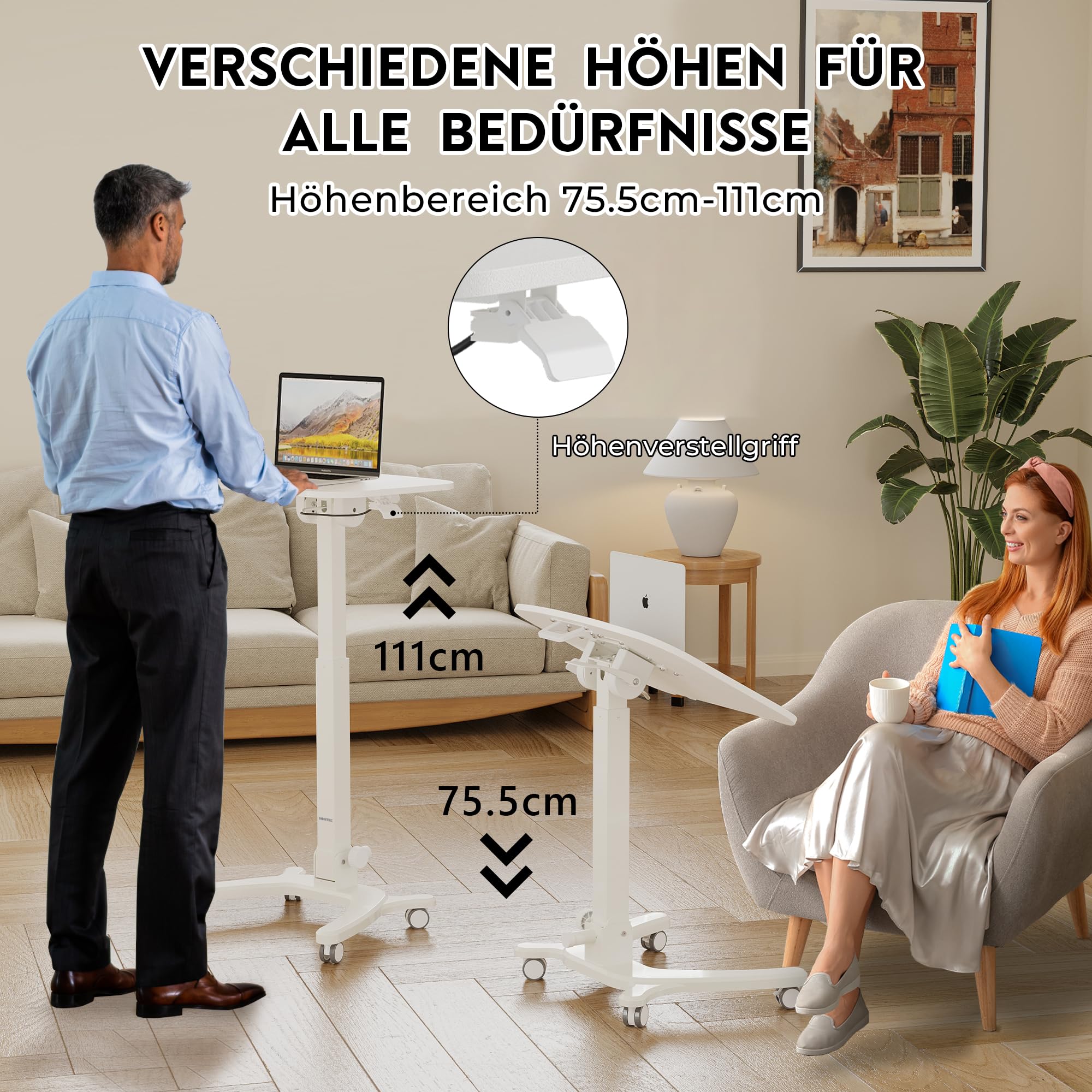 BONTEC Klappbarer Computertisch 65x50 cm, Höhenverstellbar mit 4 Rollen, Laptoptisch, Faltbar, Beistelltisch für Büro, Wohnzimmer, Schlafzimmer, bis 12 kg, Ideal für Heimarbeit und kleine Räume