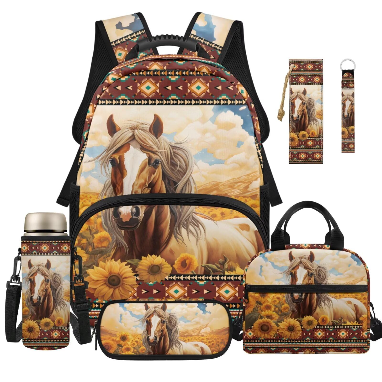 Horse Girls Backpack Purse 8-10 Years Old Sunflower Kids School Bag with Lunch Bag 17 Inch Southwest Aztec