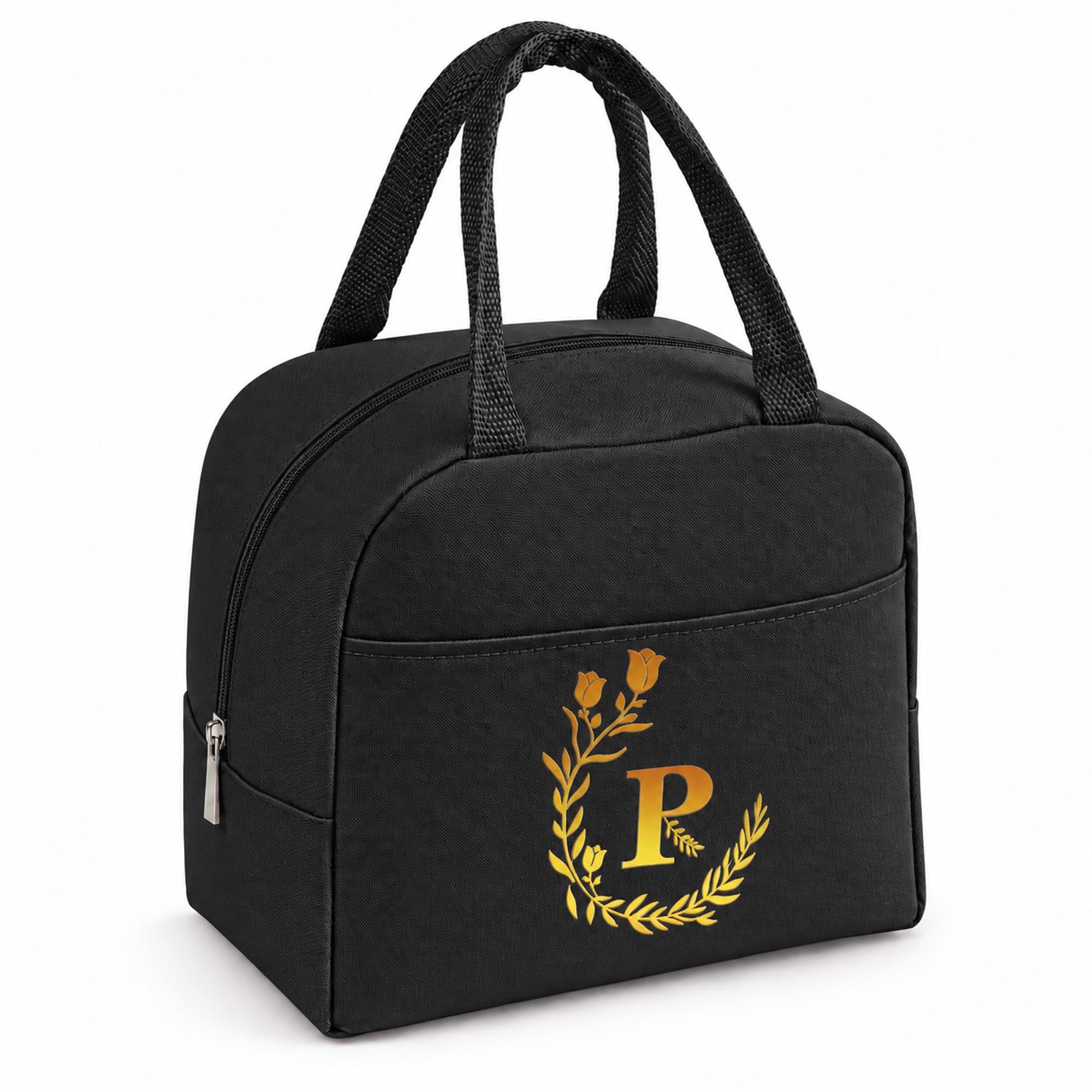 Personalized Black Initial Letters Insulated Lunch Bag for Women Men Kids-R