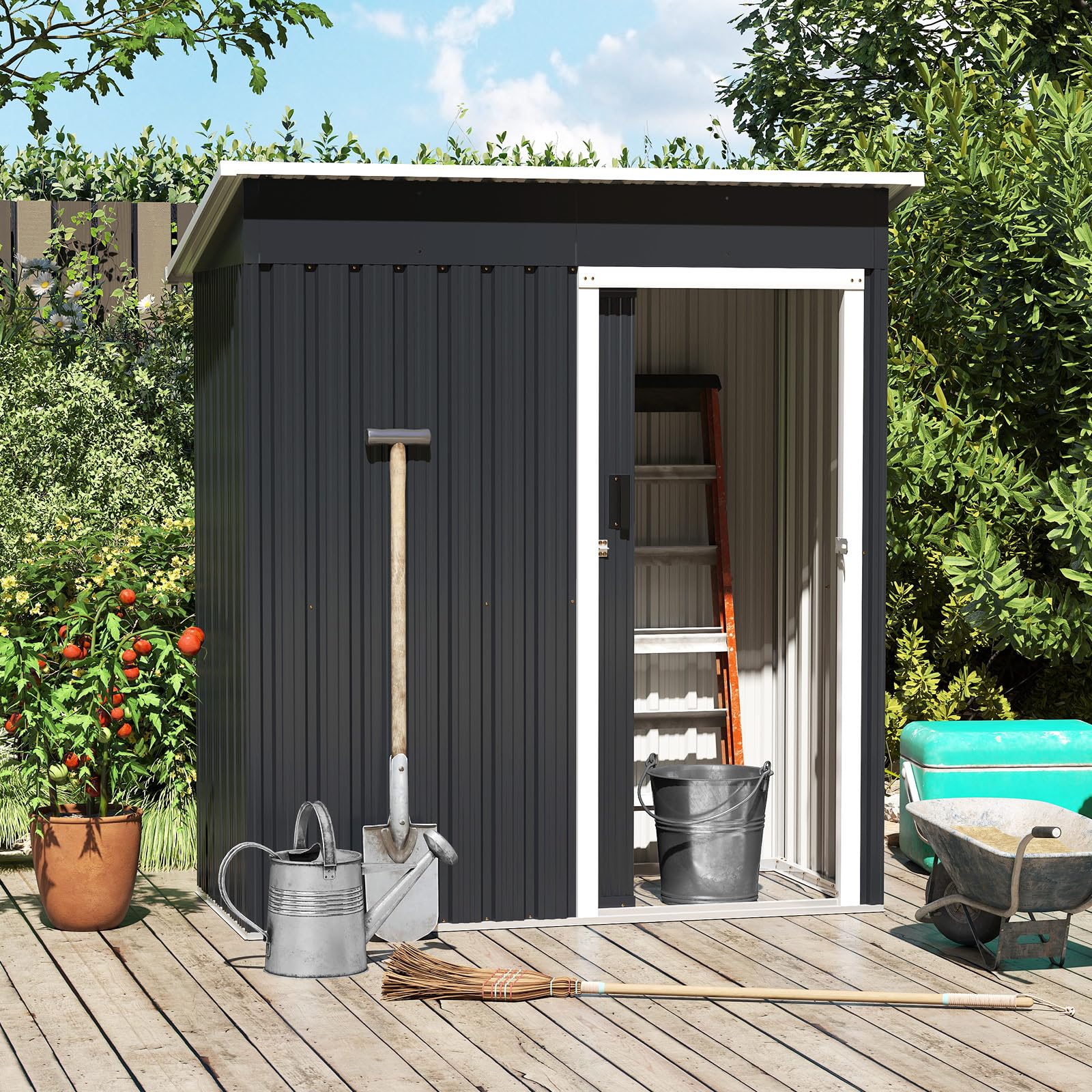 COSTWAY Capanno per Attrezzi da Giardino in Metallo, Casetta Porta Attrezzi in Acciaio con Porta Scorrevole Sistema di Blocco, Casetta per Stoccaggio per Prato e Cortile, 163 x 86 x 181 cm, Grigio