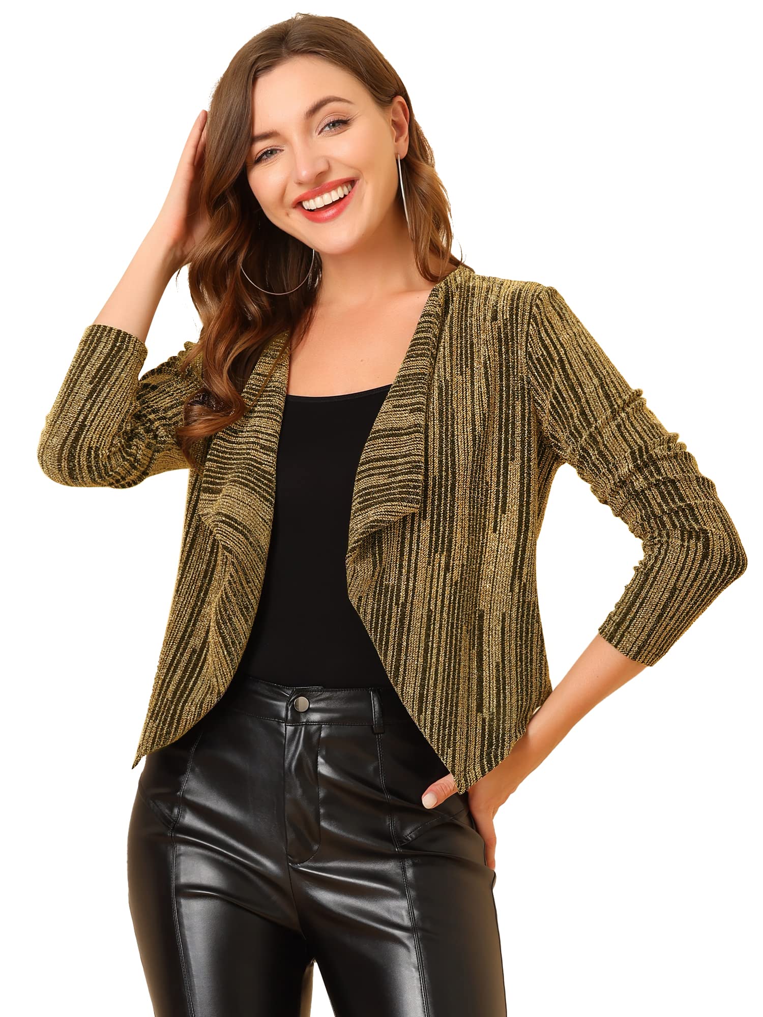 Allegra K Womens Party Sparkly Christmas Long Sleeve Open Front Glitter Cropped Jacket