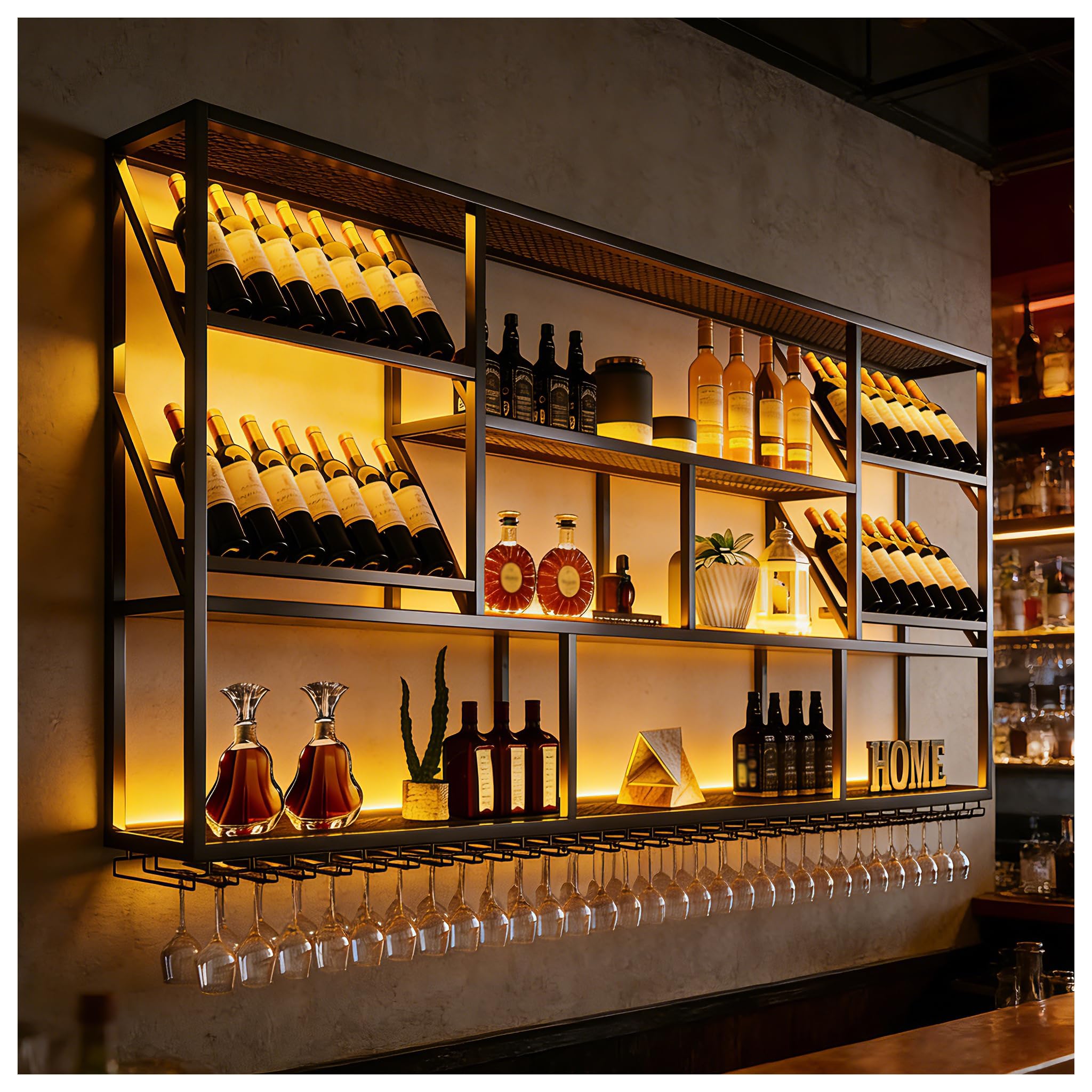 TAUODUYY 180cm 3 Tier Large Wall Mounted Wine Rack with Glass Holder