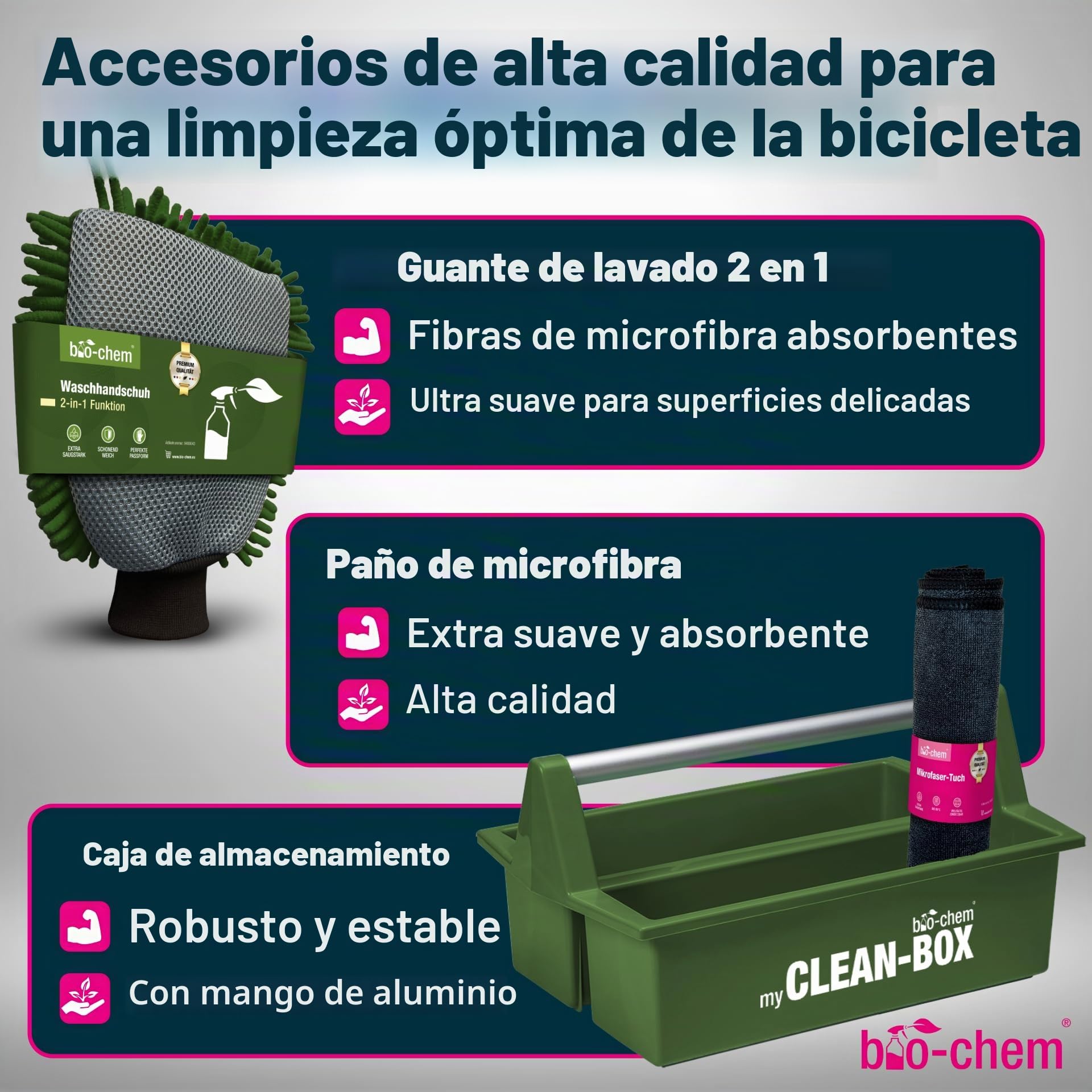 bio-chem Kit de 9 productos para el cuidado de bicis + accesorios | Productos para la limpieza de los cuadros de las bicicletas de carretera y de las cadenas - Accesorios y Caja incluidos