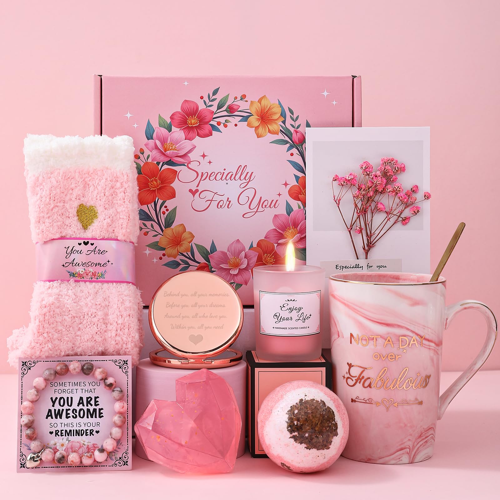 iTbxzzy Geburtstagsgeschenk für Frauen, Geburtstagsgeschenk für Mama, Freundin, Schwester, Beste Freundin Kaffeebecher und Geschenkset Bad-Entspannung (Rosa -)