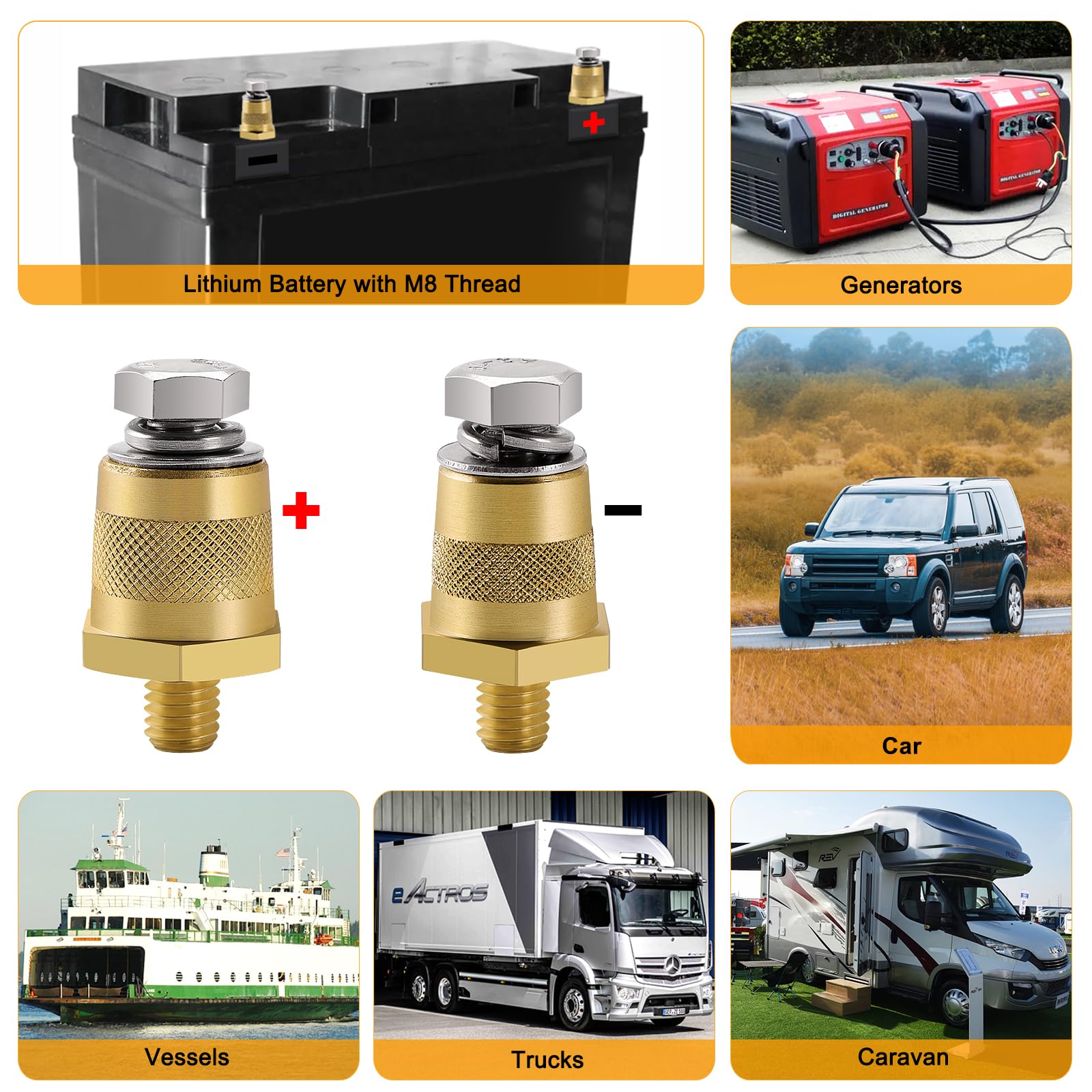 VooGenzek 1 Paio M8 Adattatore Poli Batteria, Adattatori Polo in Ottone Negativo Positivo con Viti in Acciaio Inox e Rondelle, per Batteria al Litio Auto