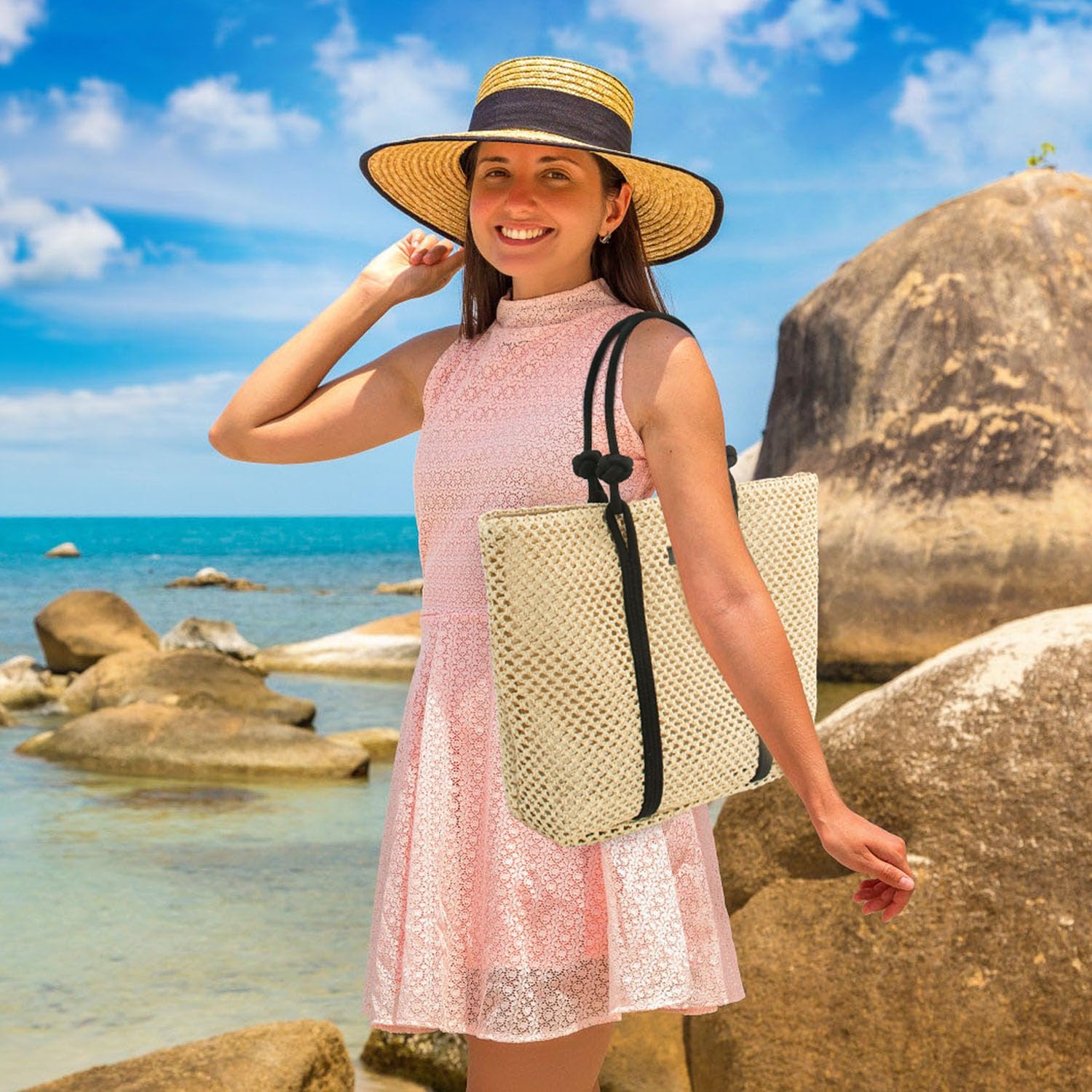 Peicees Large Straw Tote Bag For Beach Vacation 2025 Womens Sandproof Shoulder Bag Purse With Leak-Proof Lining Summer Travel - Image 3