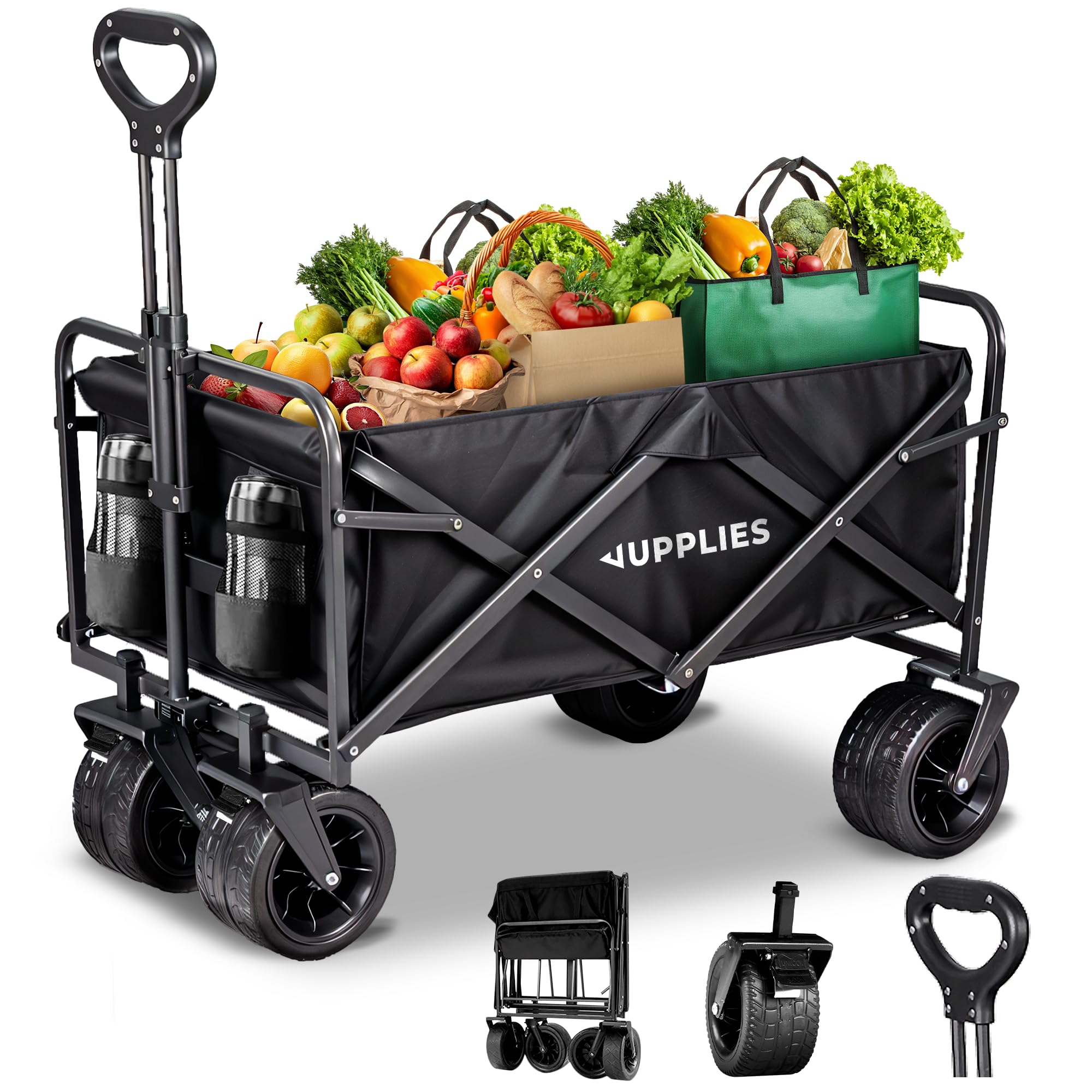 JUPPLIES Chariot Pliable à roulettes Grandes 150KG – Chariot de Jardin, Plage et Courses | Chariot de Transport Pliable Tout Terrain avec Poignée Télescopique et Tissu Oxford 600D Imperméable