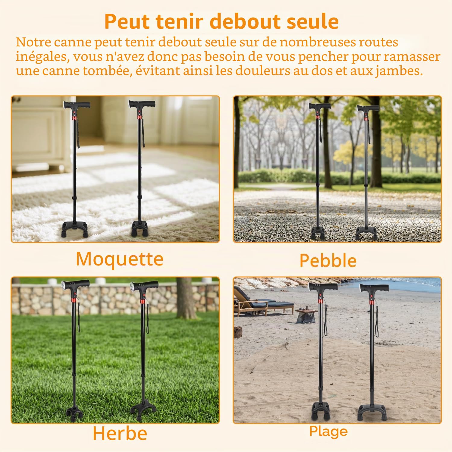 Canne à Pied 120 kg Capacité, Canne réglable en Hauteur avec Lampe de Poche LED et Alarme, Canne à Pied pour Les Personnes âgées et Les Adultes Qui Ont Besoin de Plus de Soutien.