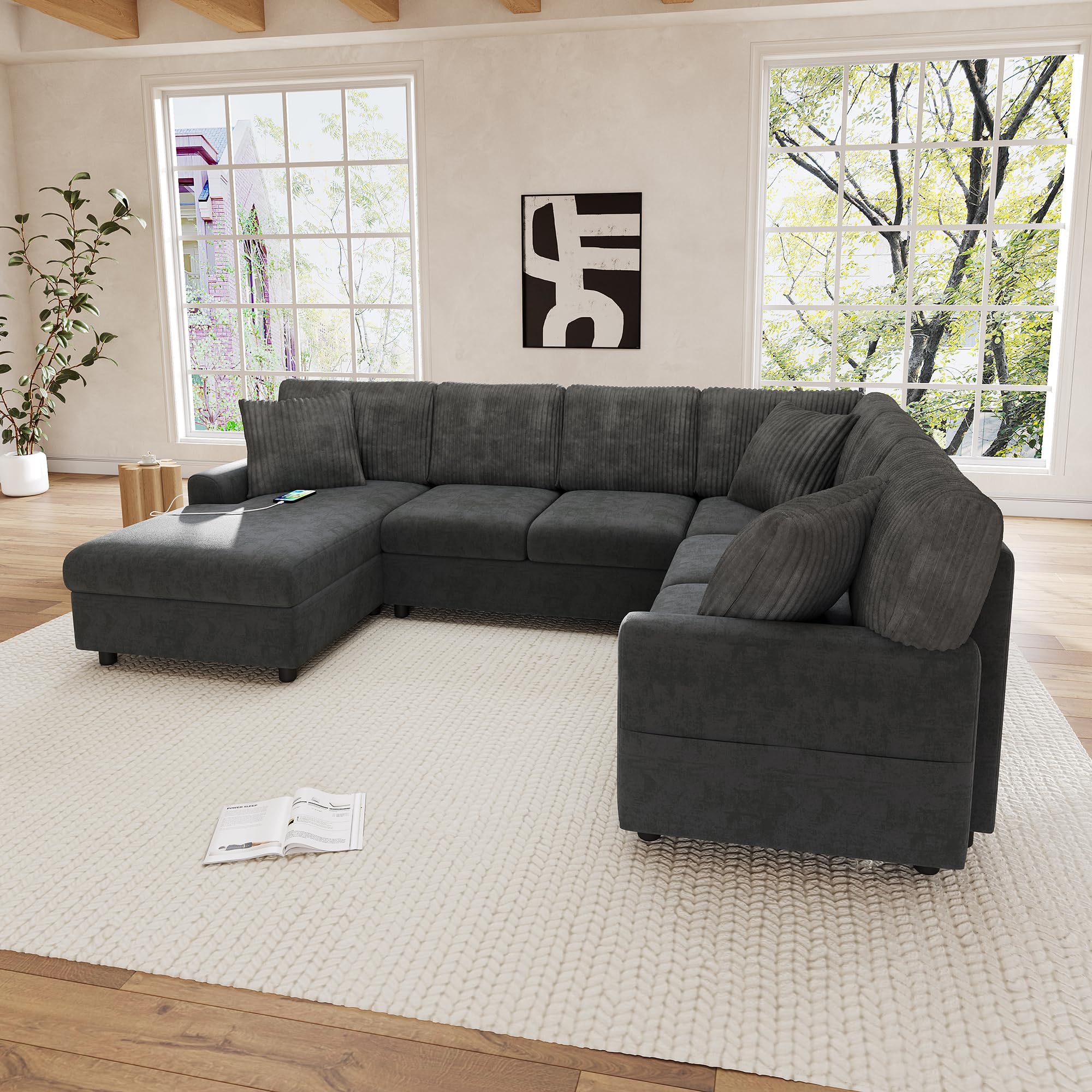 Sofa Rinconera en Forma de U, Puerto USB, 3 Cojines