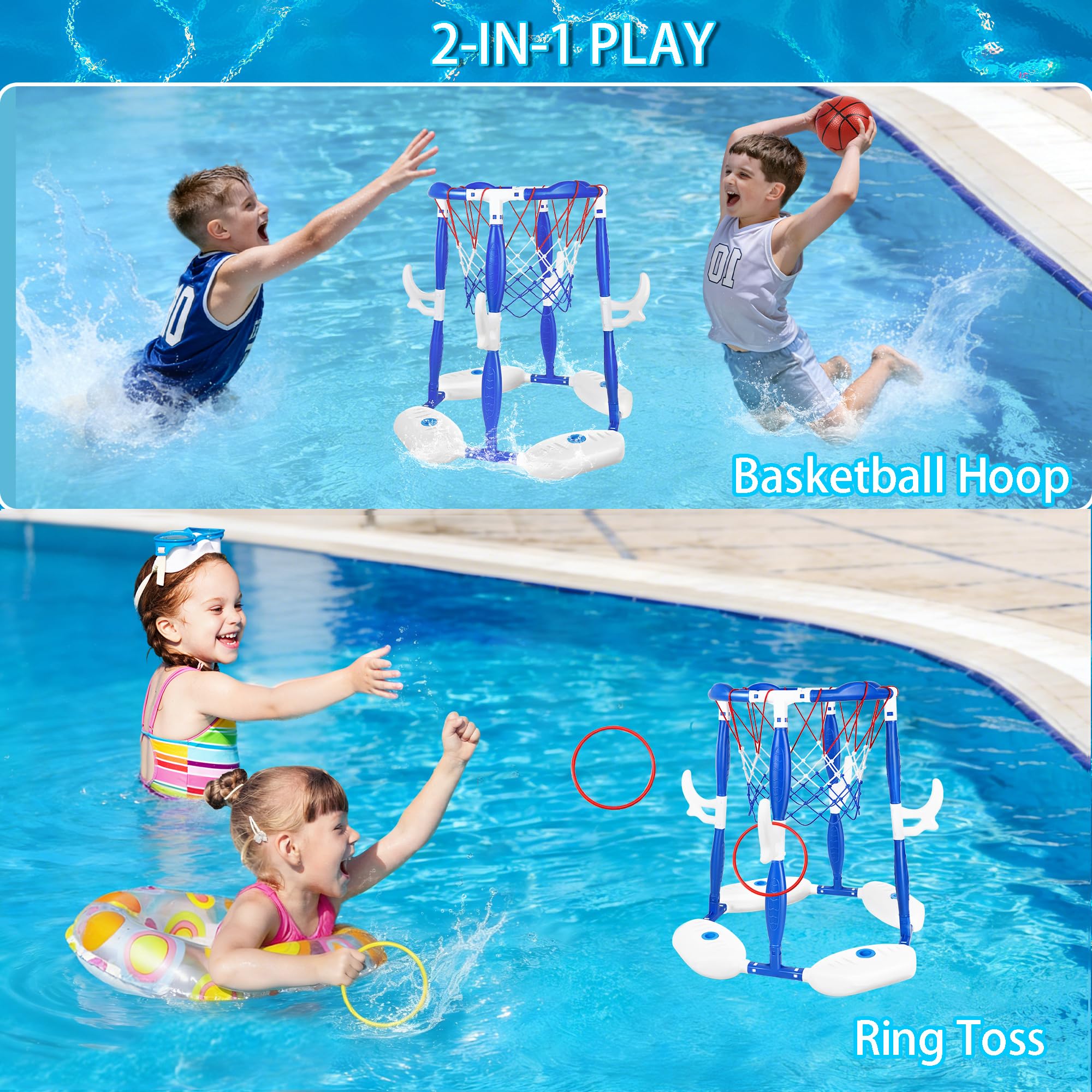 Basketballreifen für Pool, 2-in-1 schwimmendes Set mit 4 Bällen, 12 Reifen und Pumpe, ideal für Familienfeiern im Freien, schwimmendes Pool-Spielzeug für Kinder von 4 bis 8 Jahren und 8 Jahren